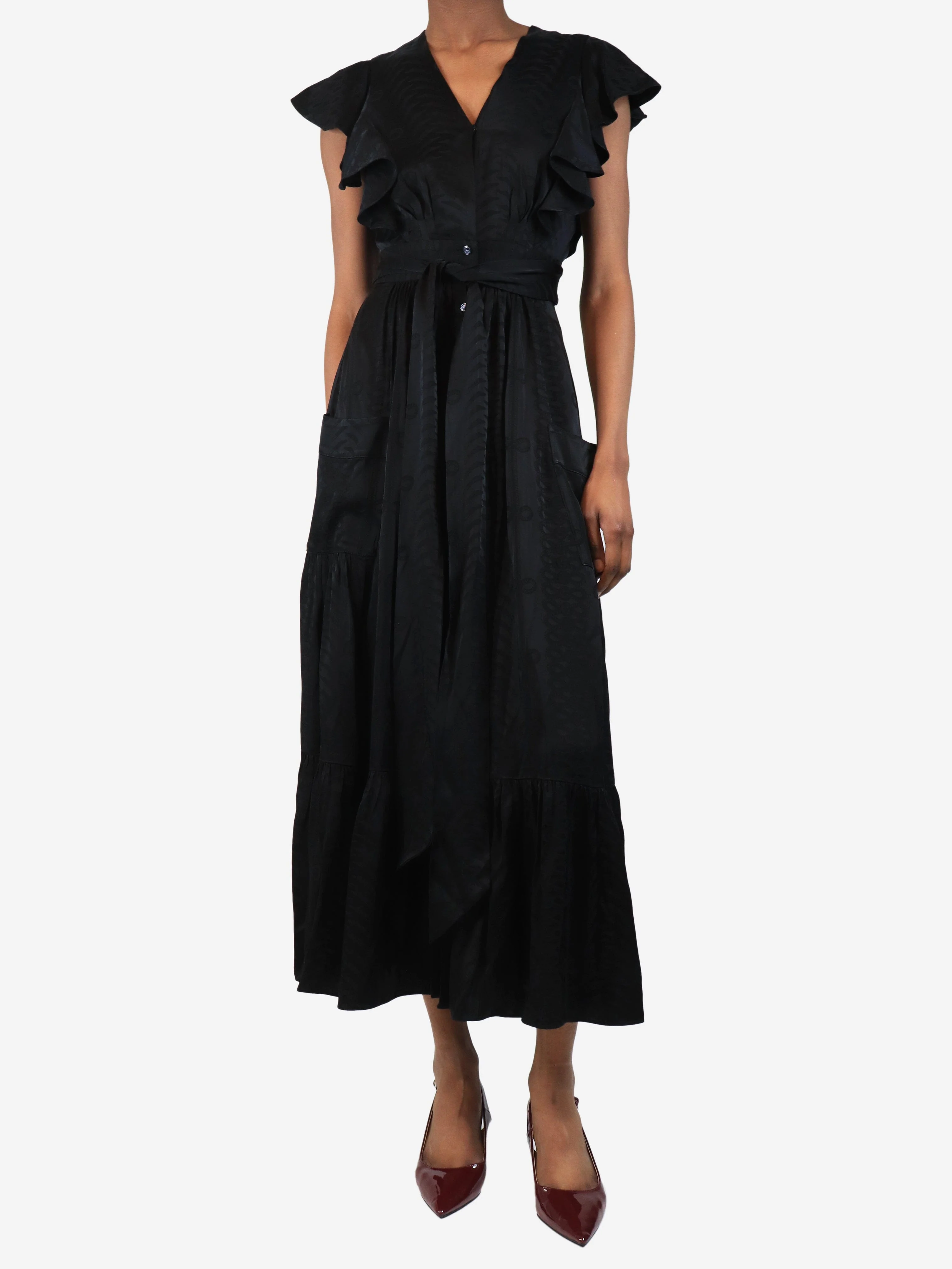 Black satin printed maxi dress - size UK 8