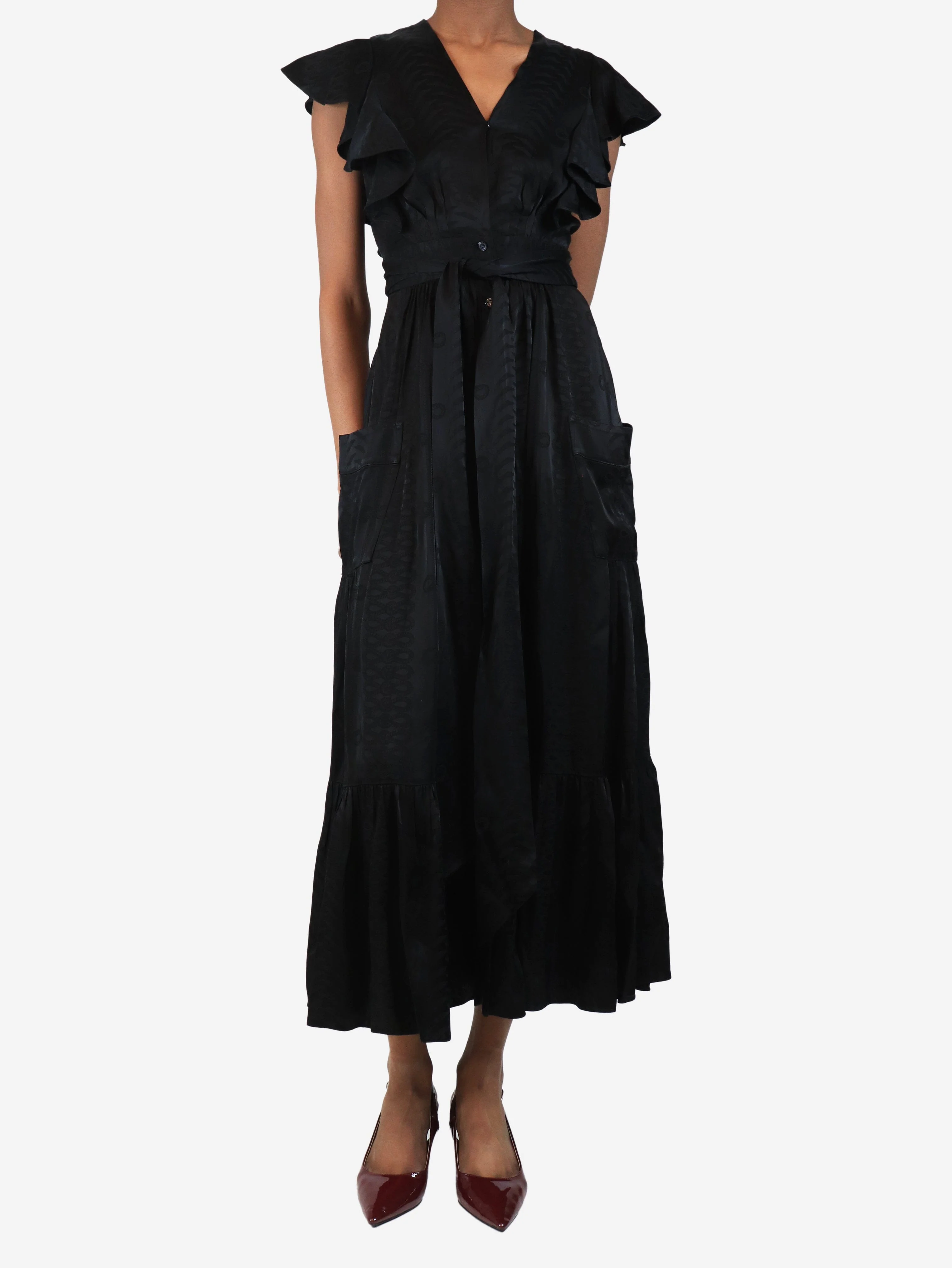Black satin printed maxi dress - size UK 8 - Image 3