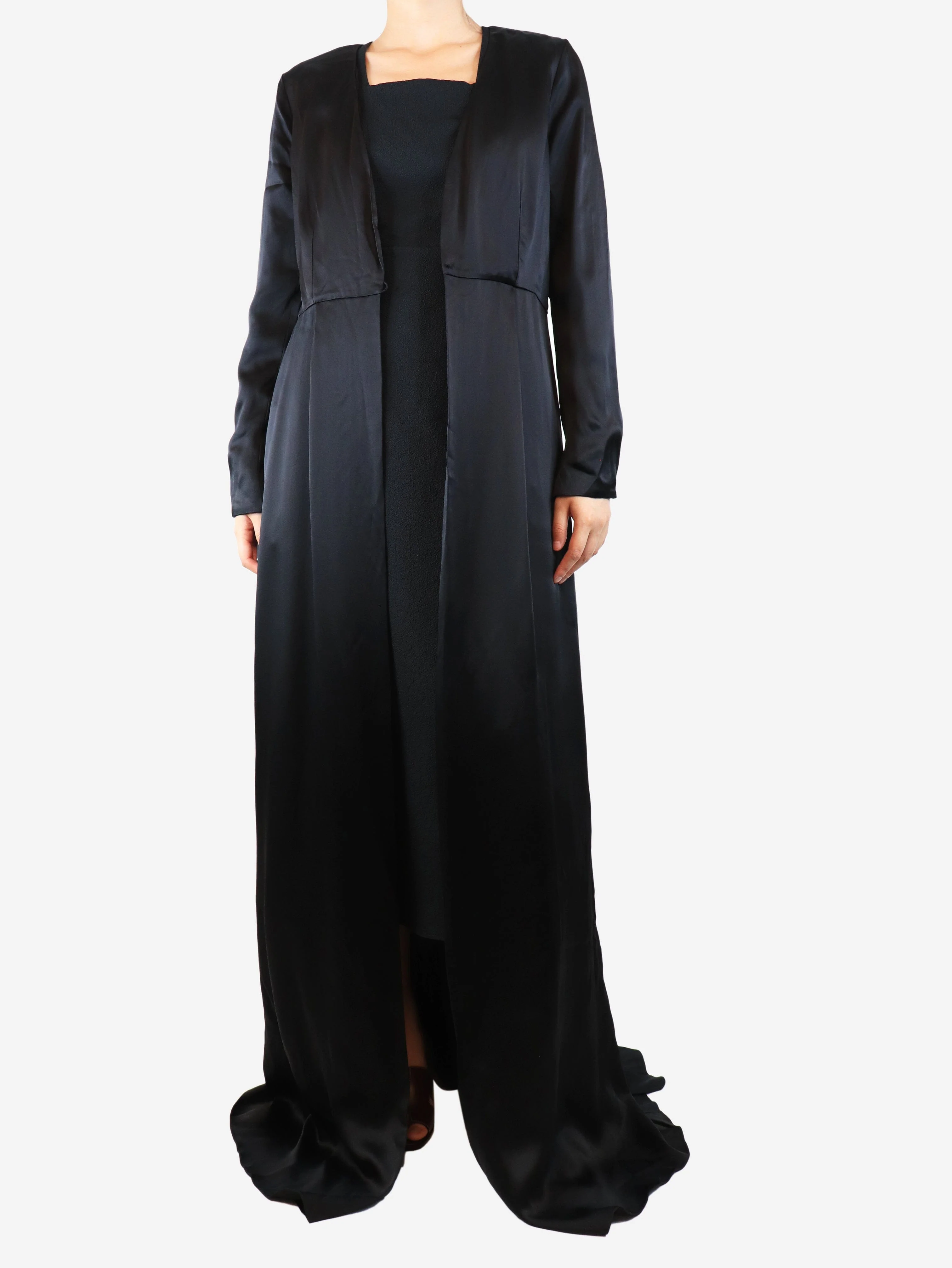 Black satin wrap maxi dress - size UK 16