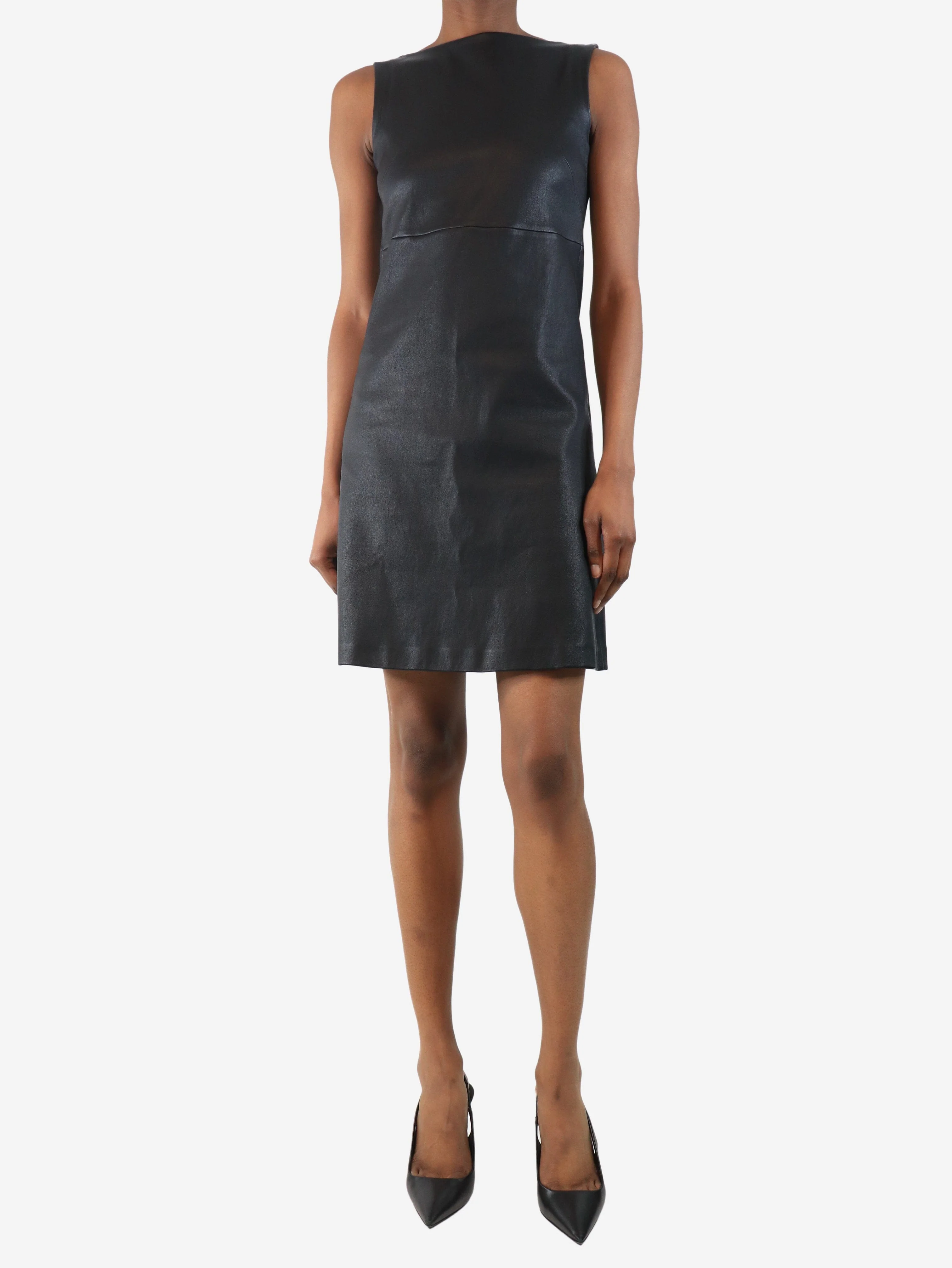 Black sleeveless leather mini dress - size UK 6