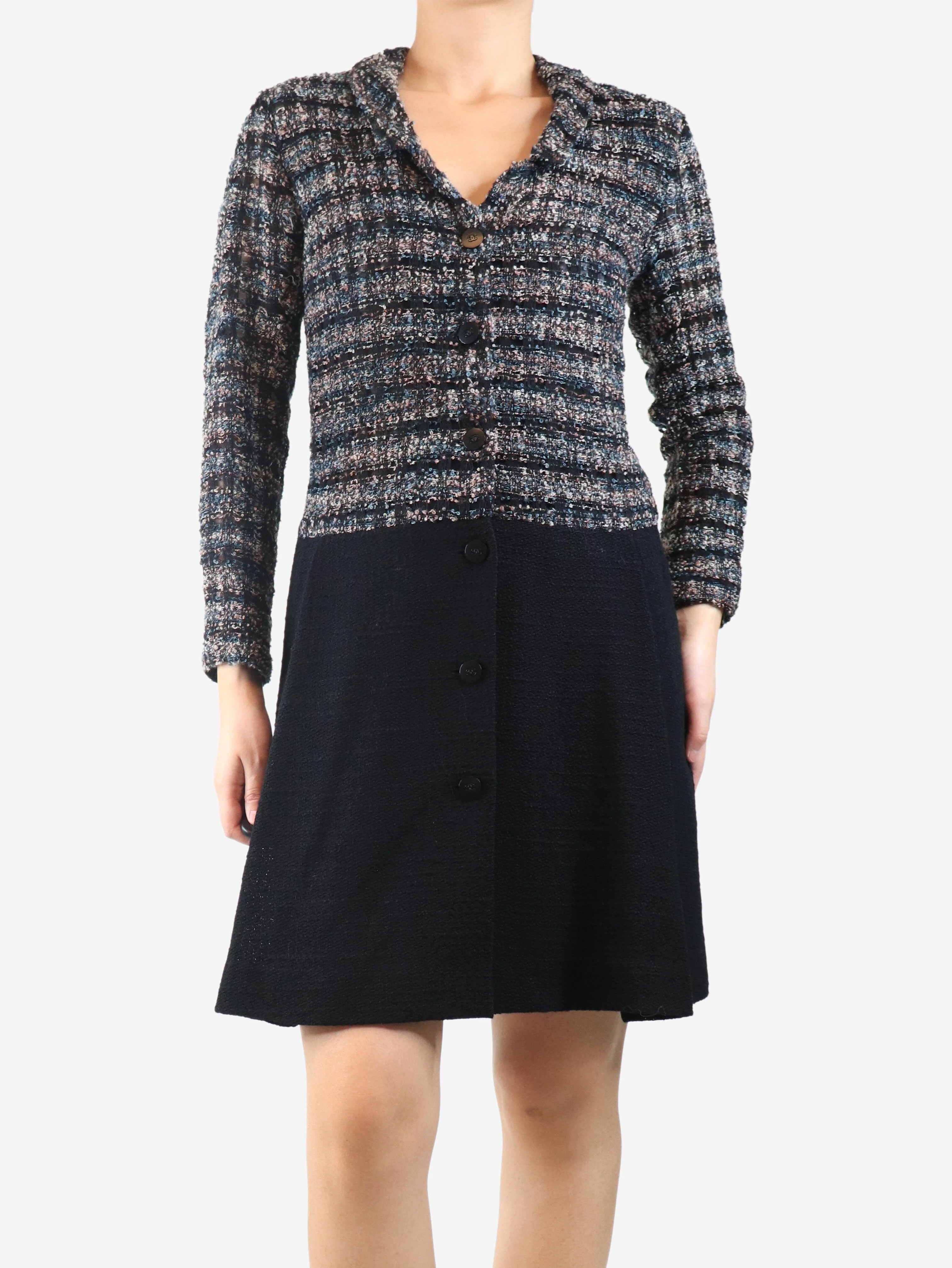 Black tweed midi dress - size UK 10