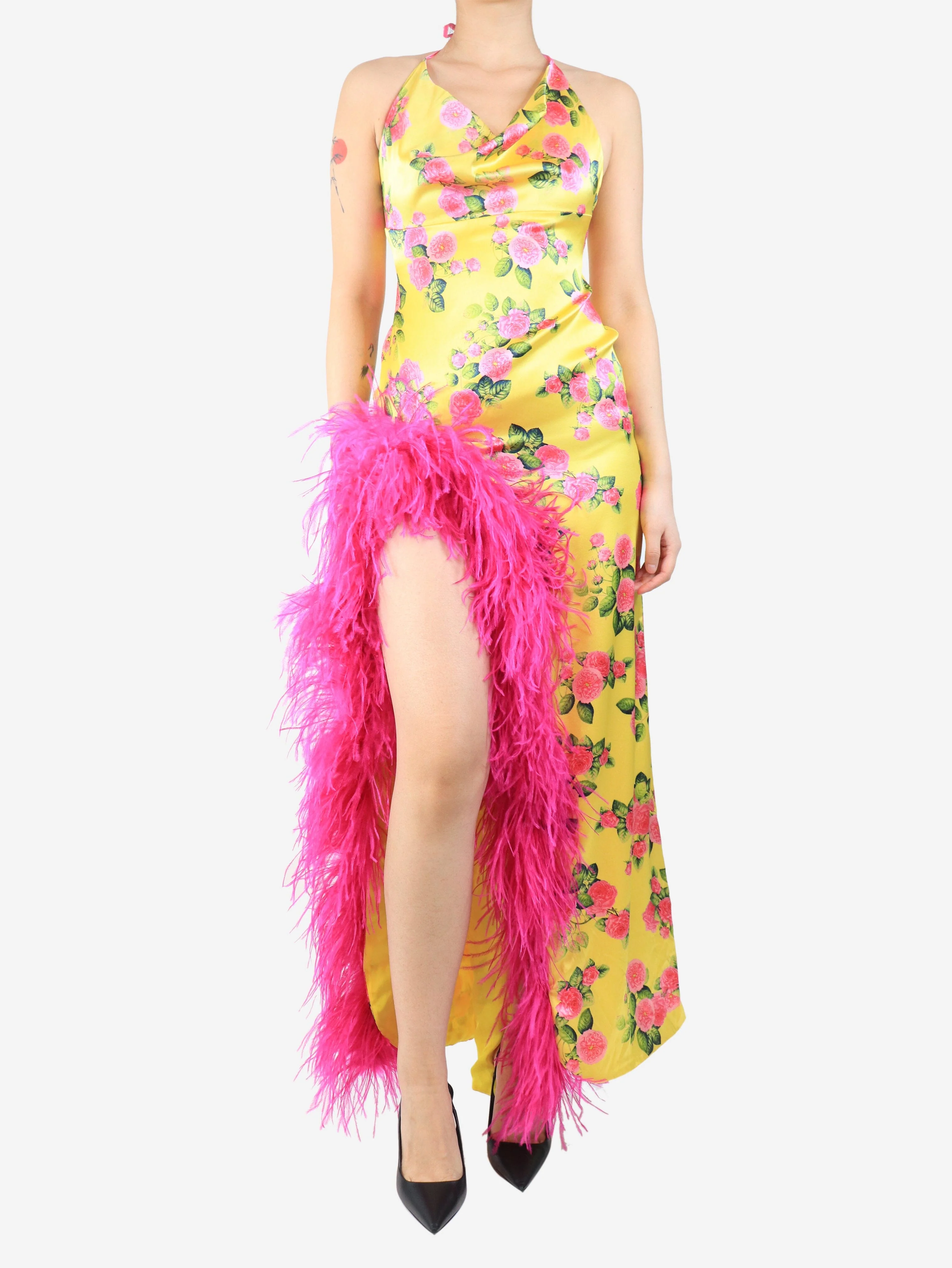 Yellow silk floral halterneck dress - size S
