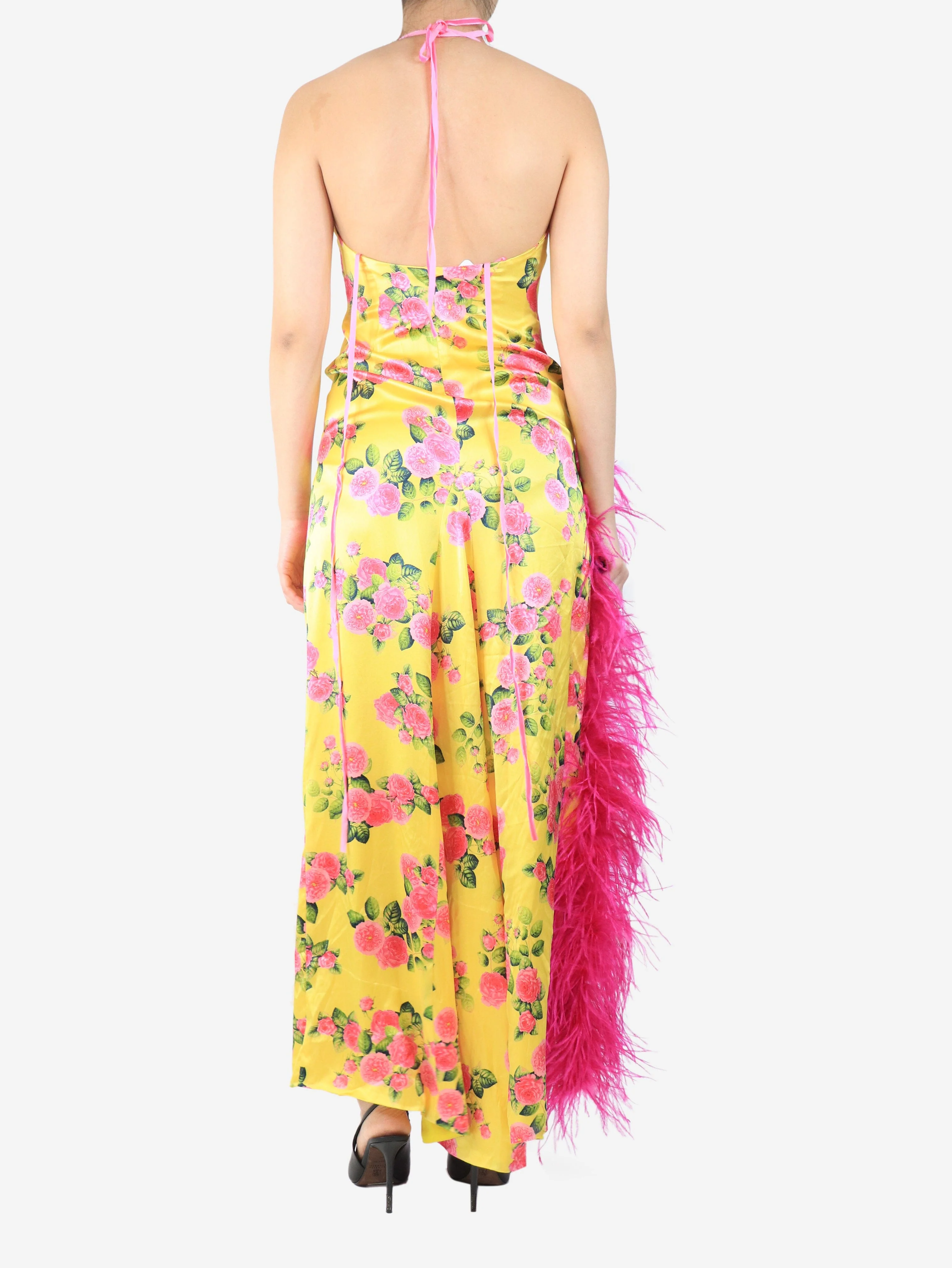 Yellow silk floral halterneck dress - size S - Image 2