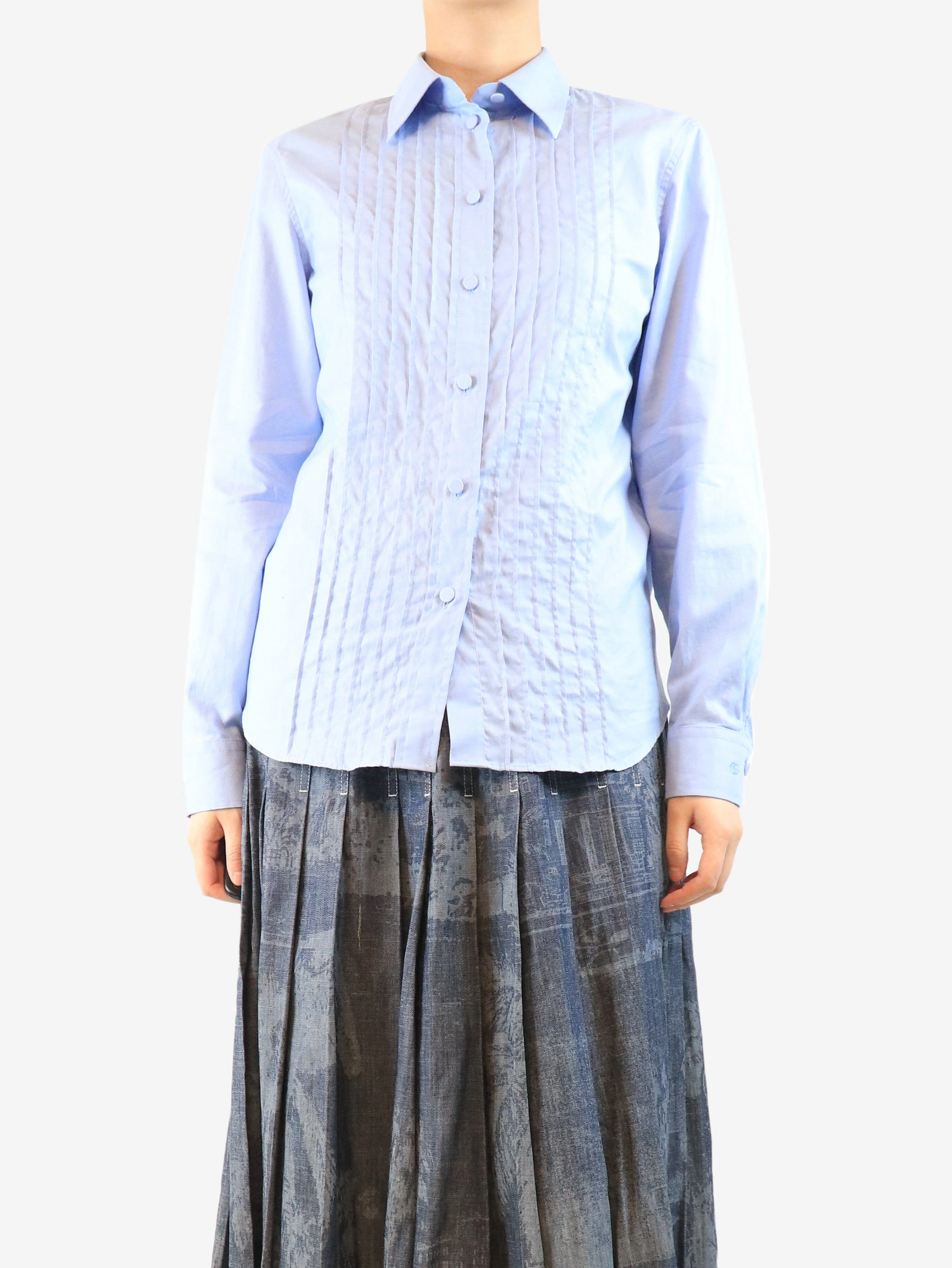 Blue pleated front blouse - size UK 8