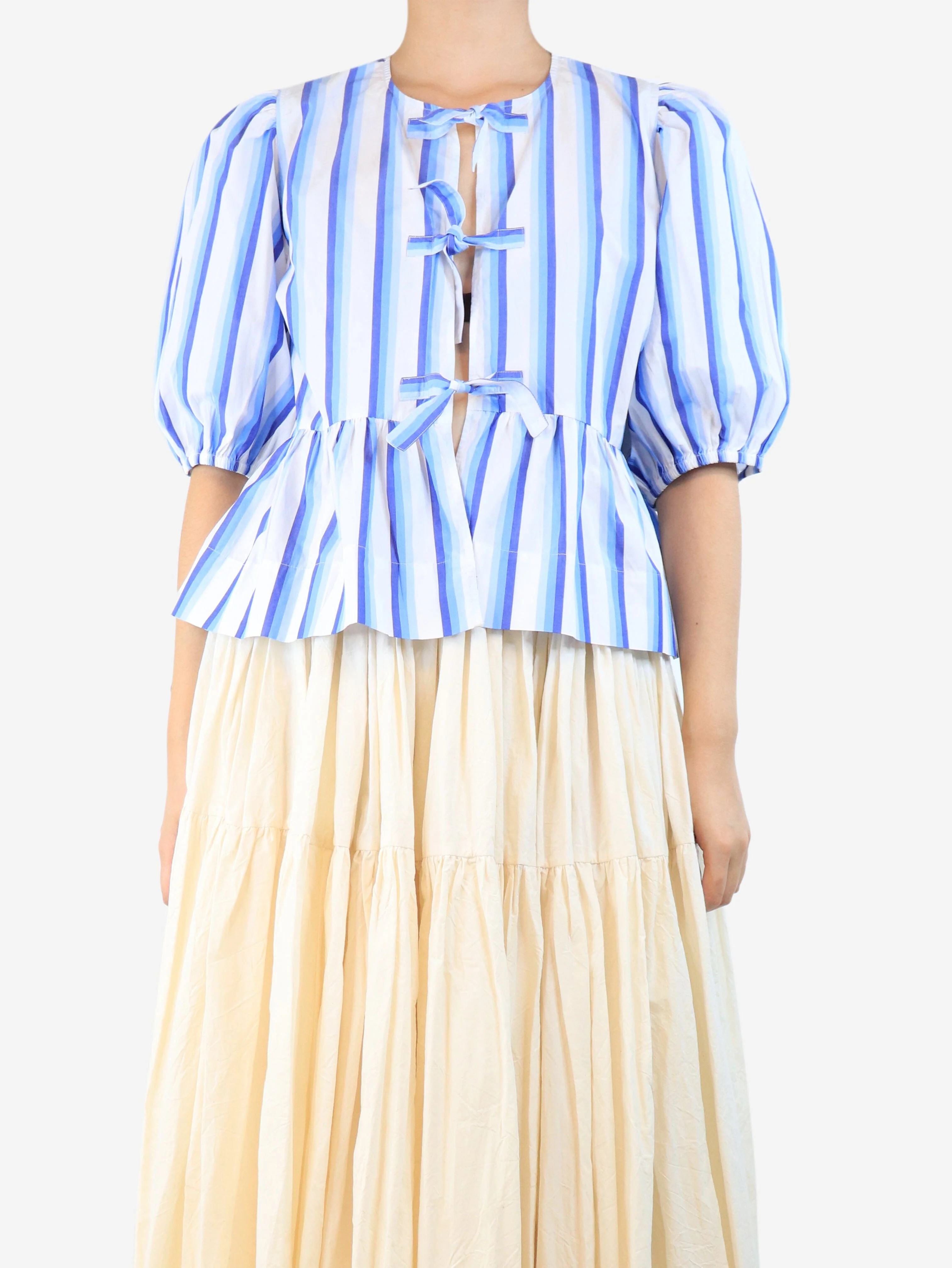 Blue striped tie-front peplum top - size UK 12
