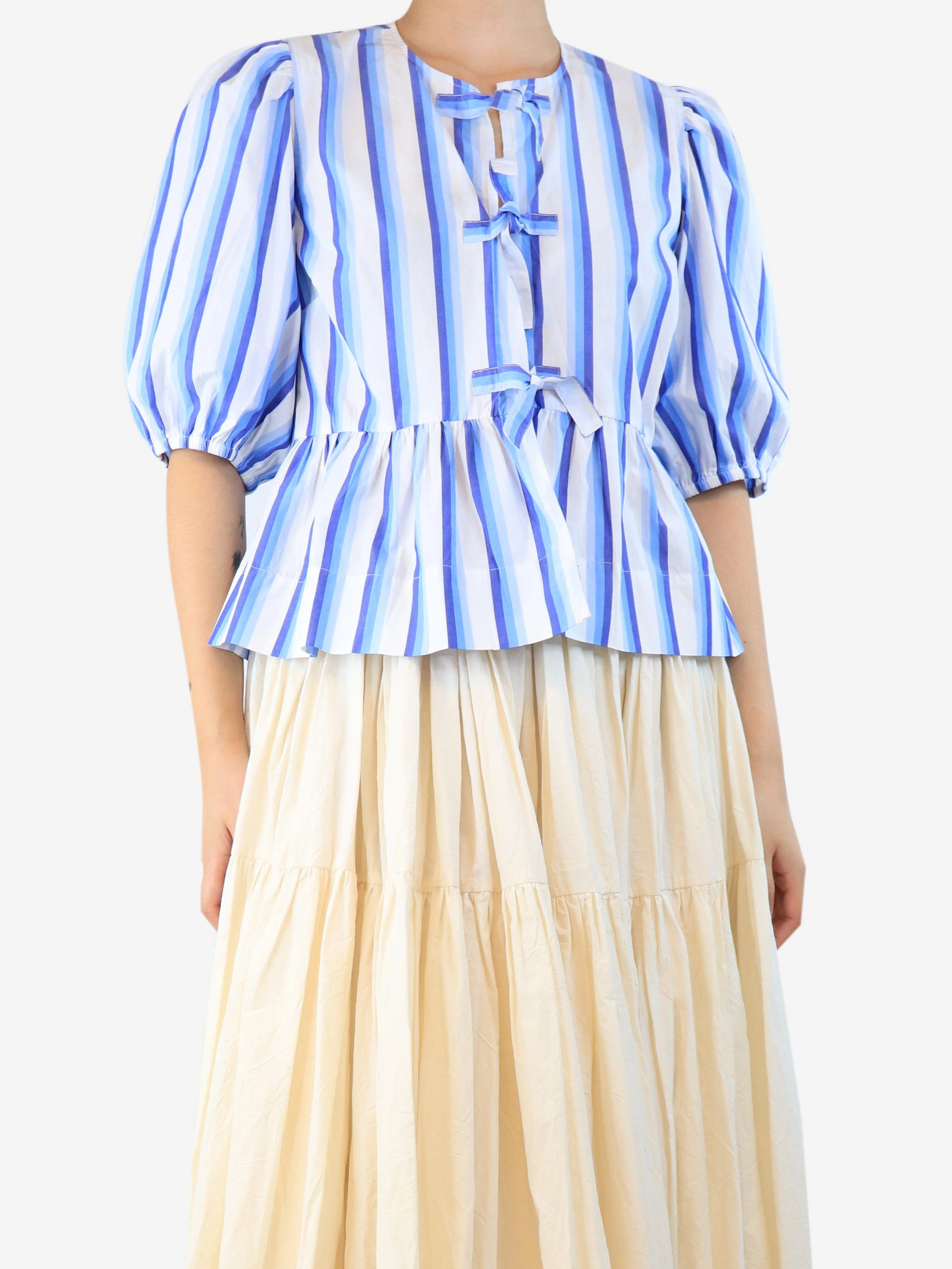 Blue striped tie-front peplum top - size UK 12 - Image 3