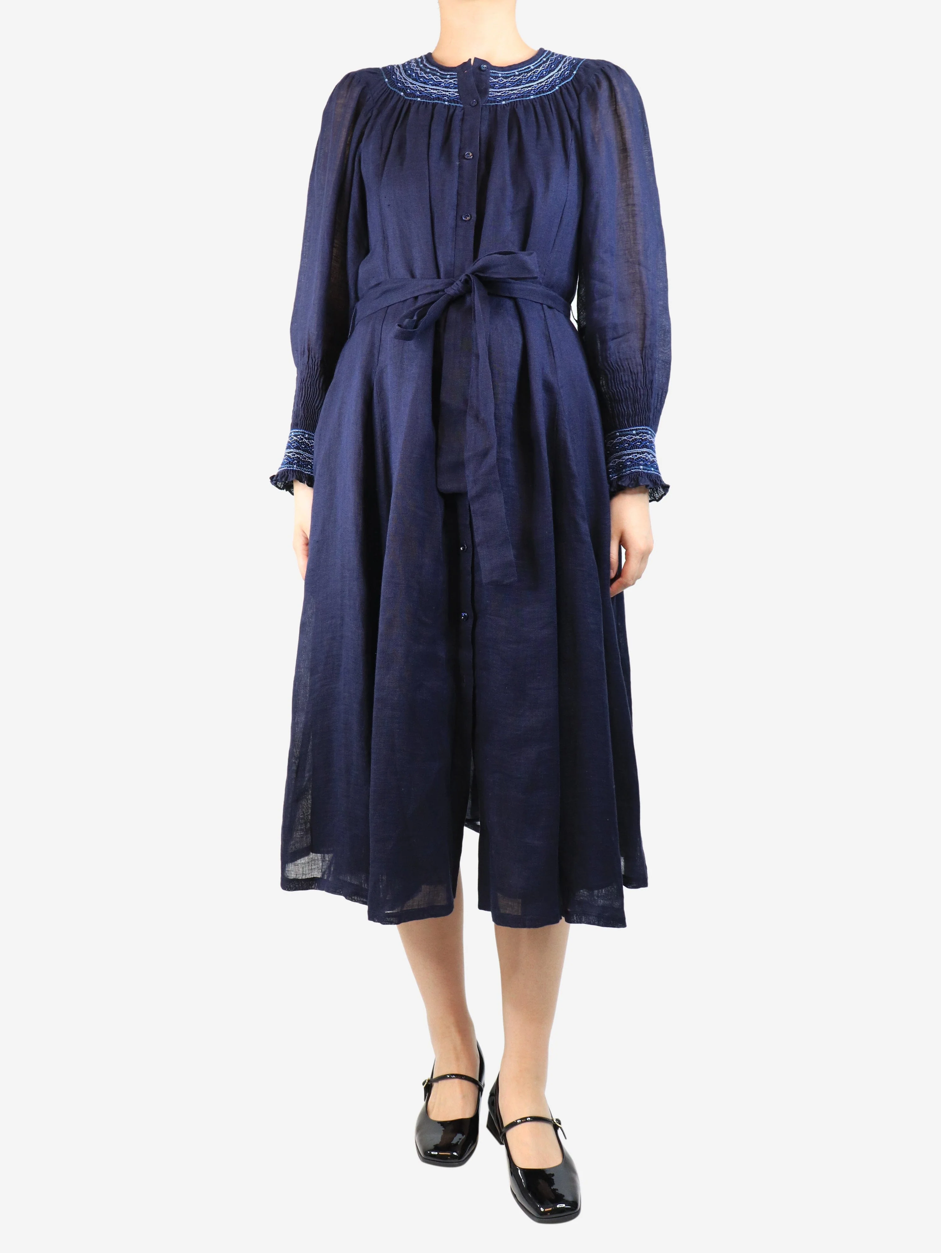 Navy embroidered maxi dress - size UK 12 - Image 3