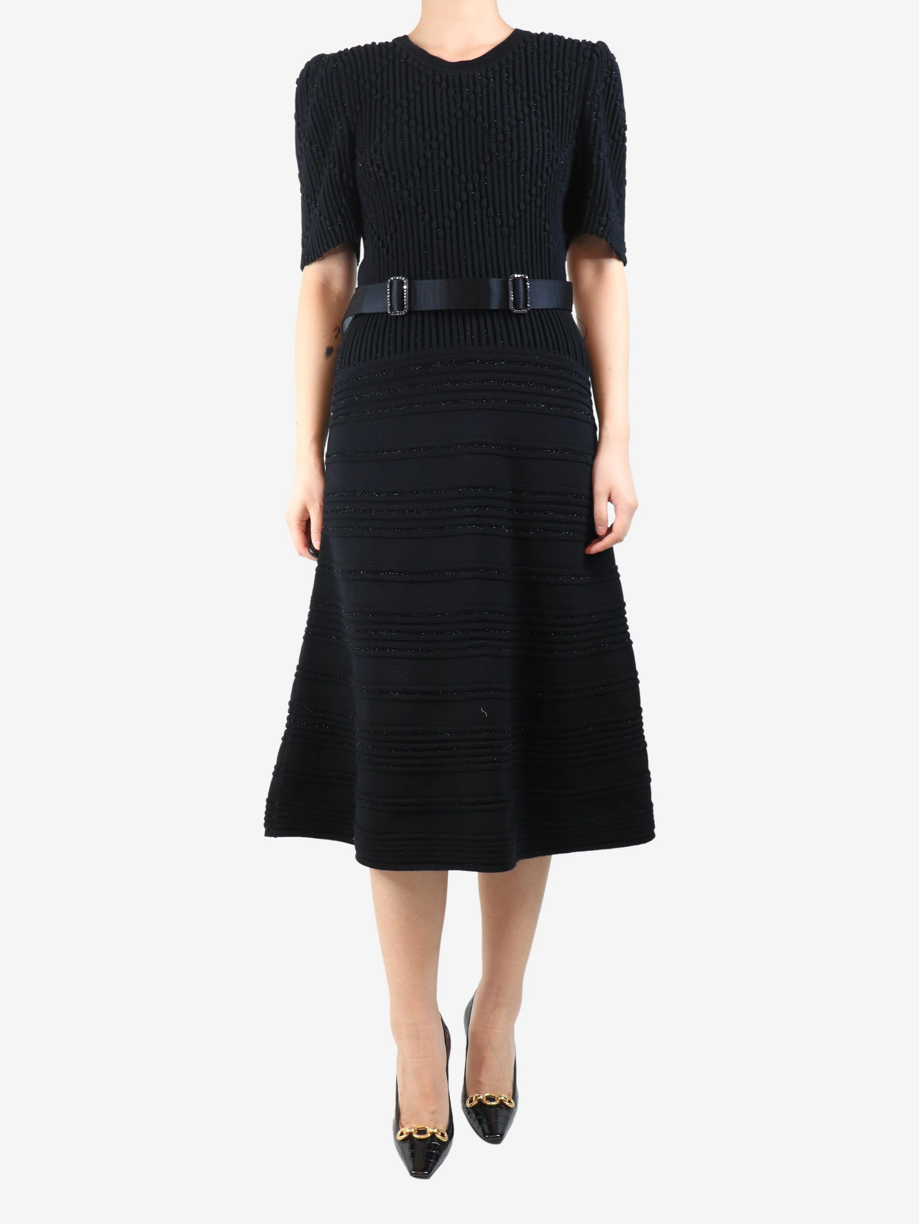 Black lurex-knit midi dress - size UK 14