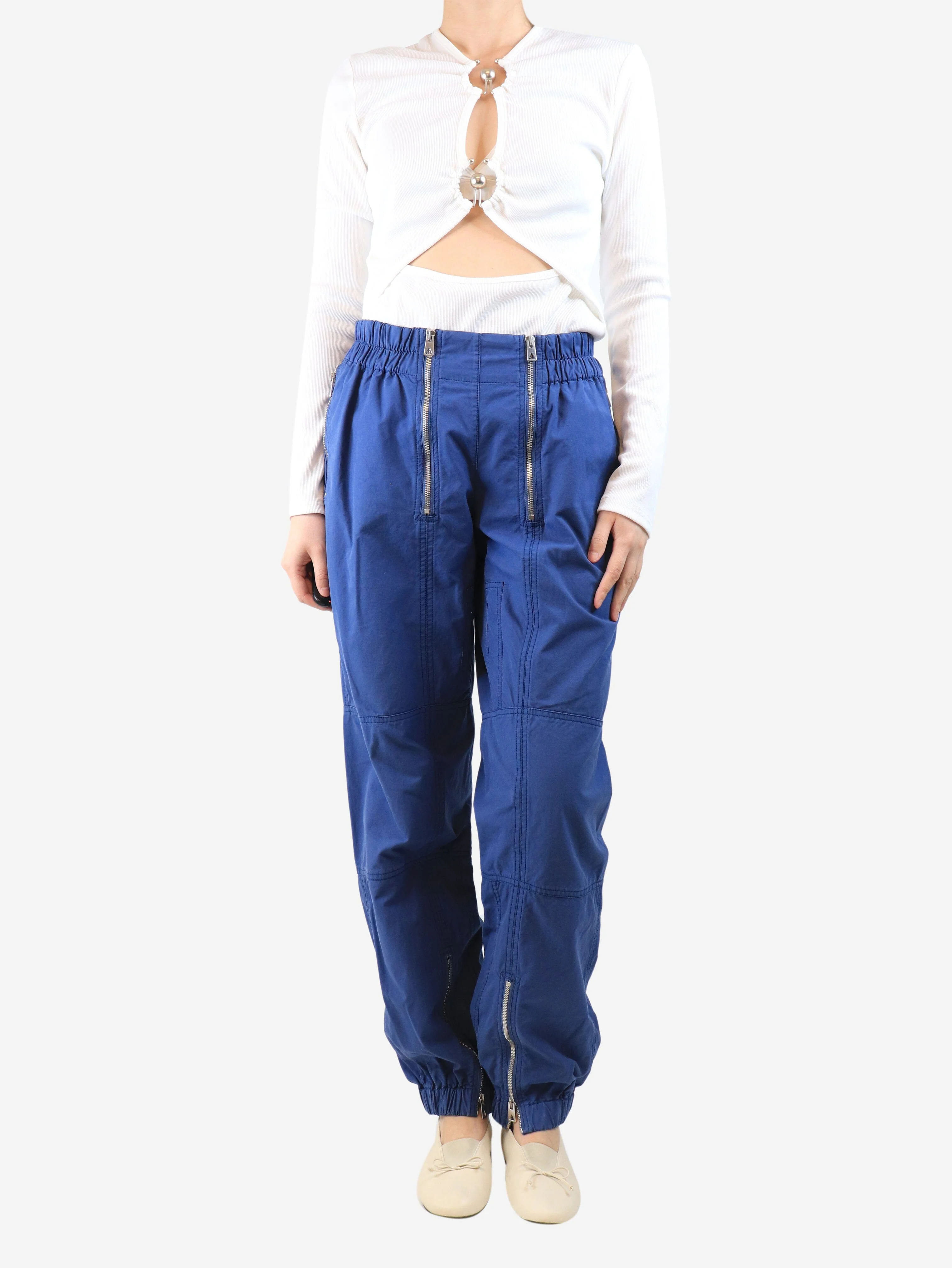 Blue cotton zip-front trousers - size M - Image 2