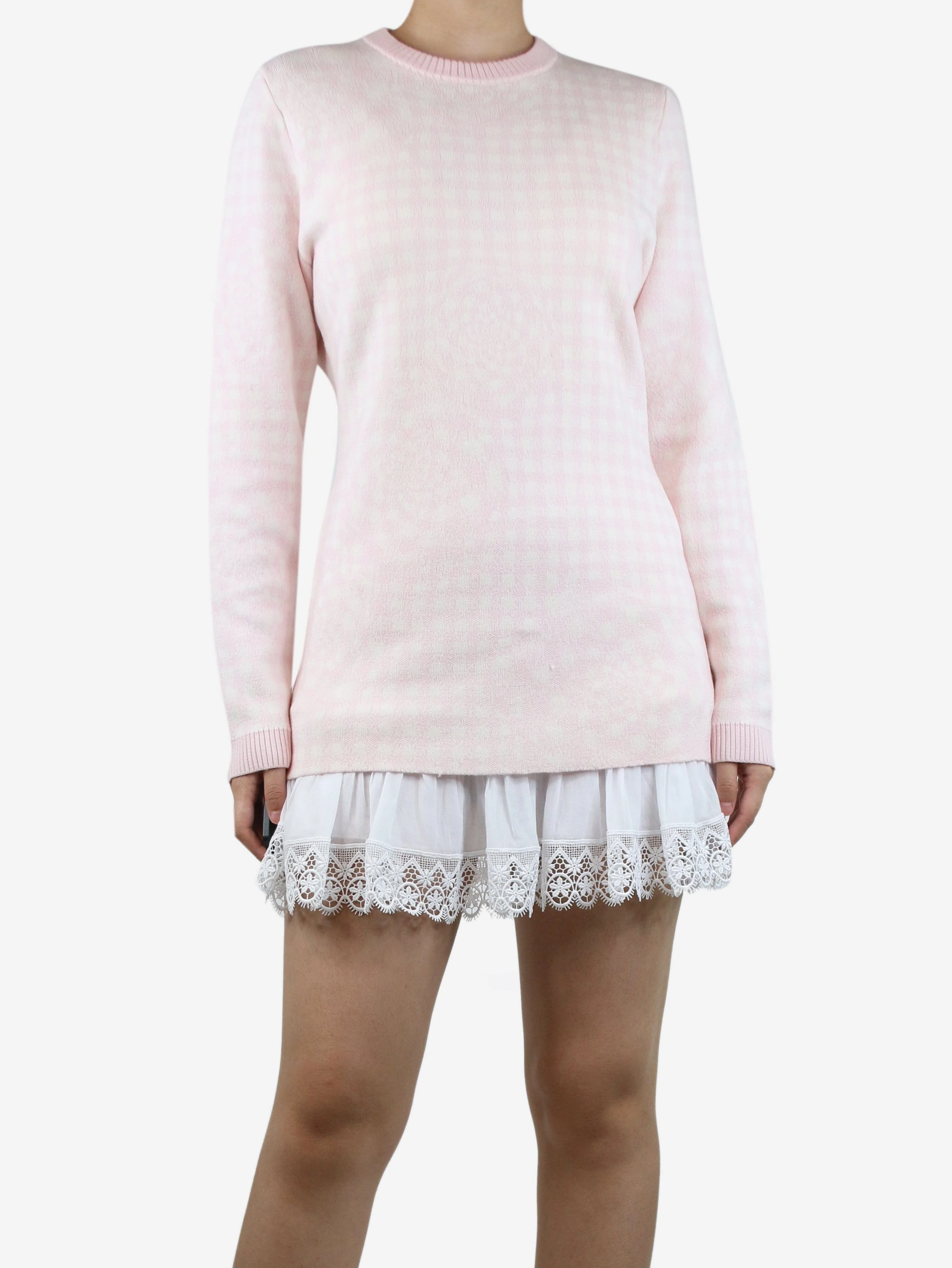 Pink floral-gingham wool jumper - size L - Image 3