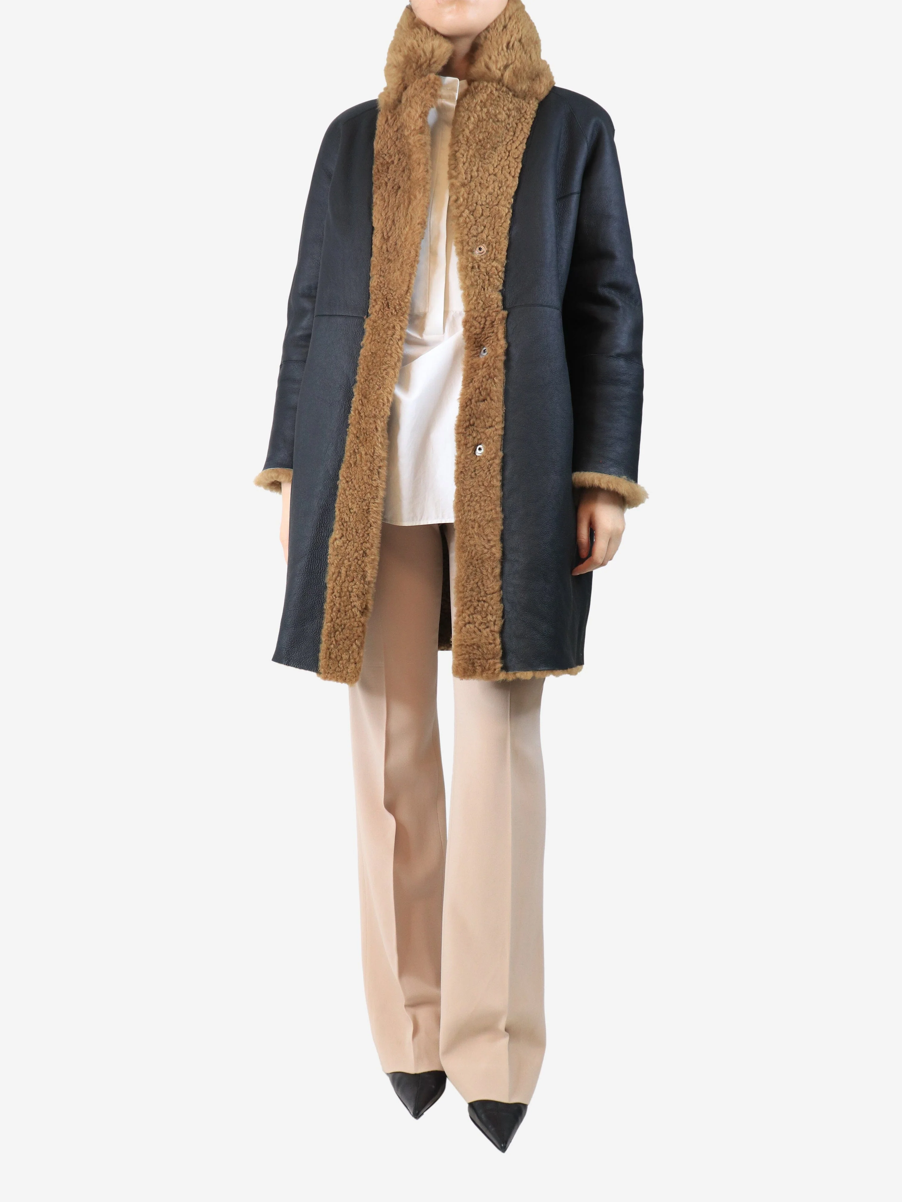 Brown and black reversible leather shearling coat - size UK 14