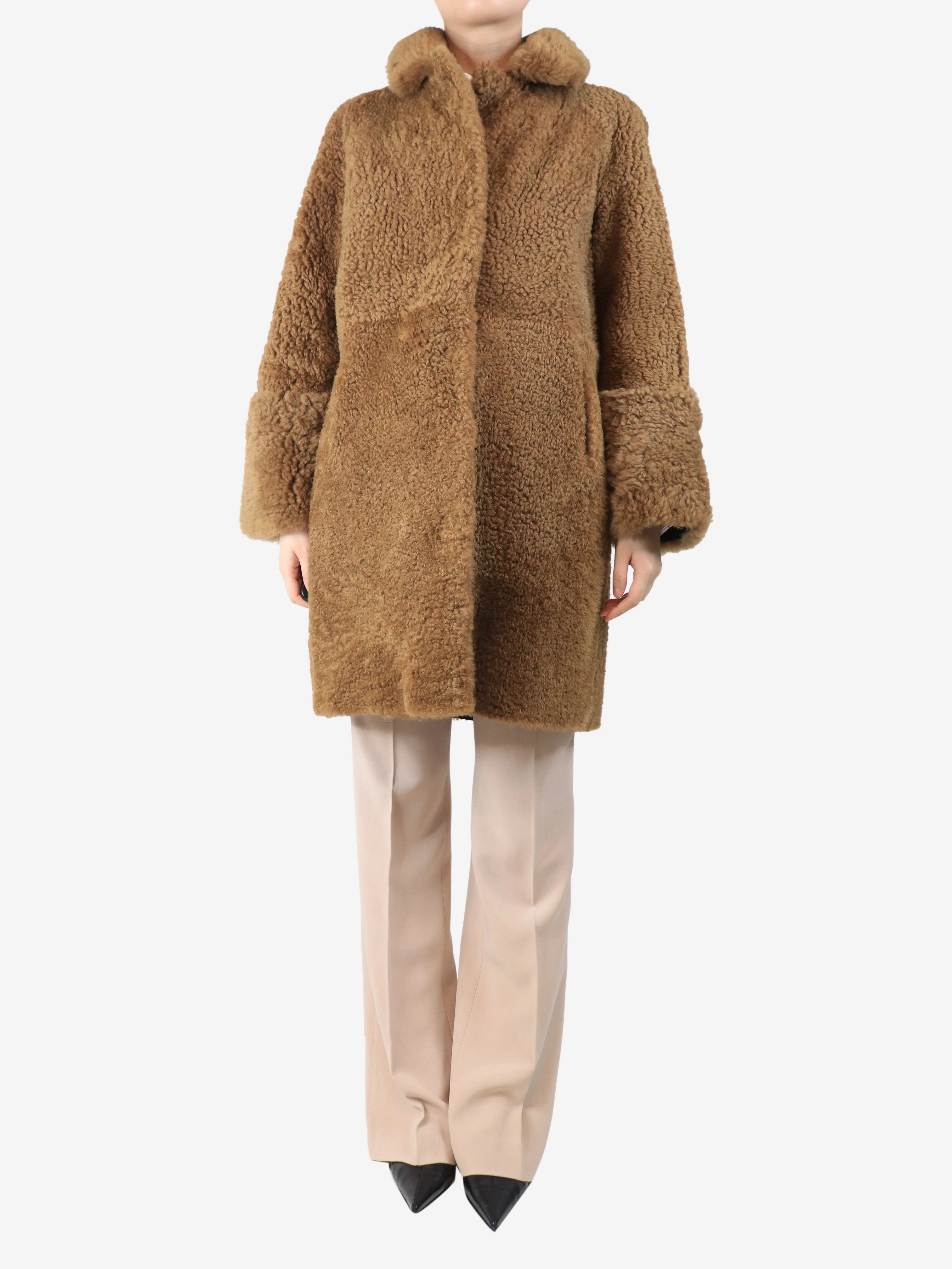 Brown and black reversible leather shearling coat - size UK 14 - Image 2