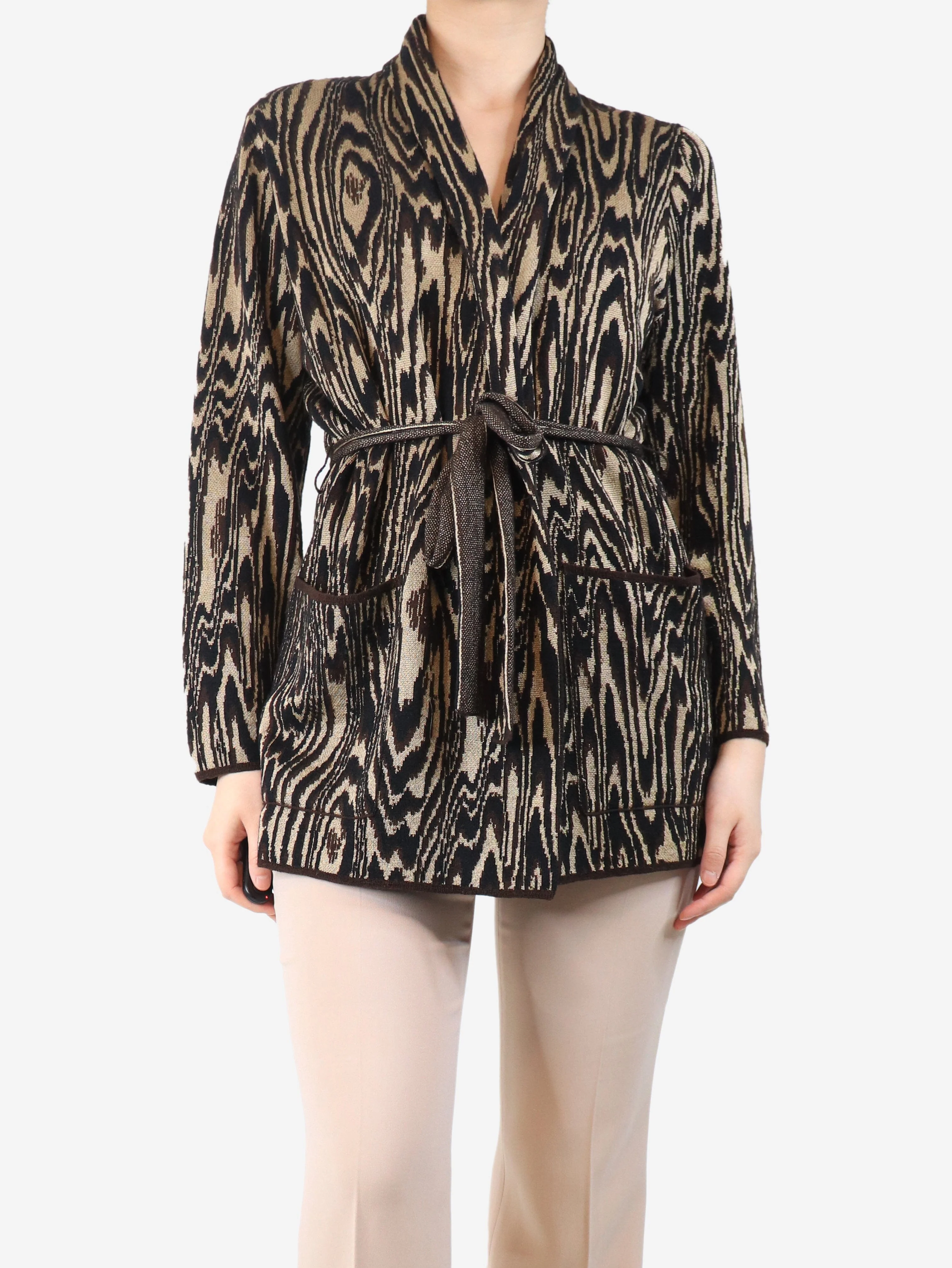 Brown belted knit cardigan - size UK 10