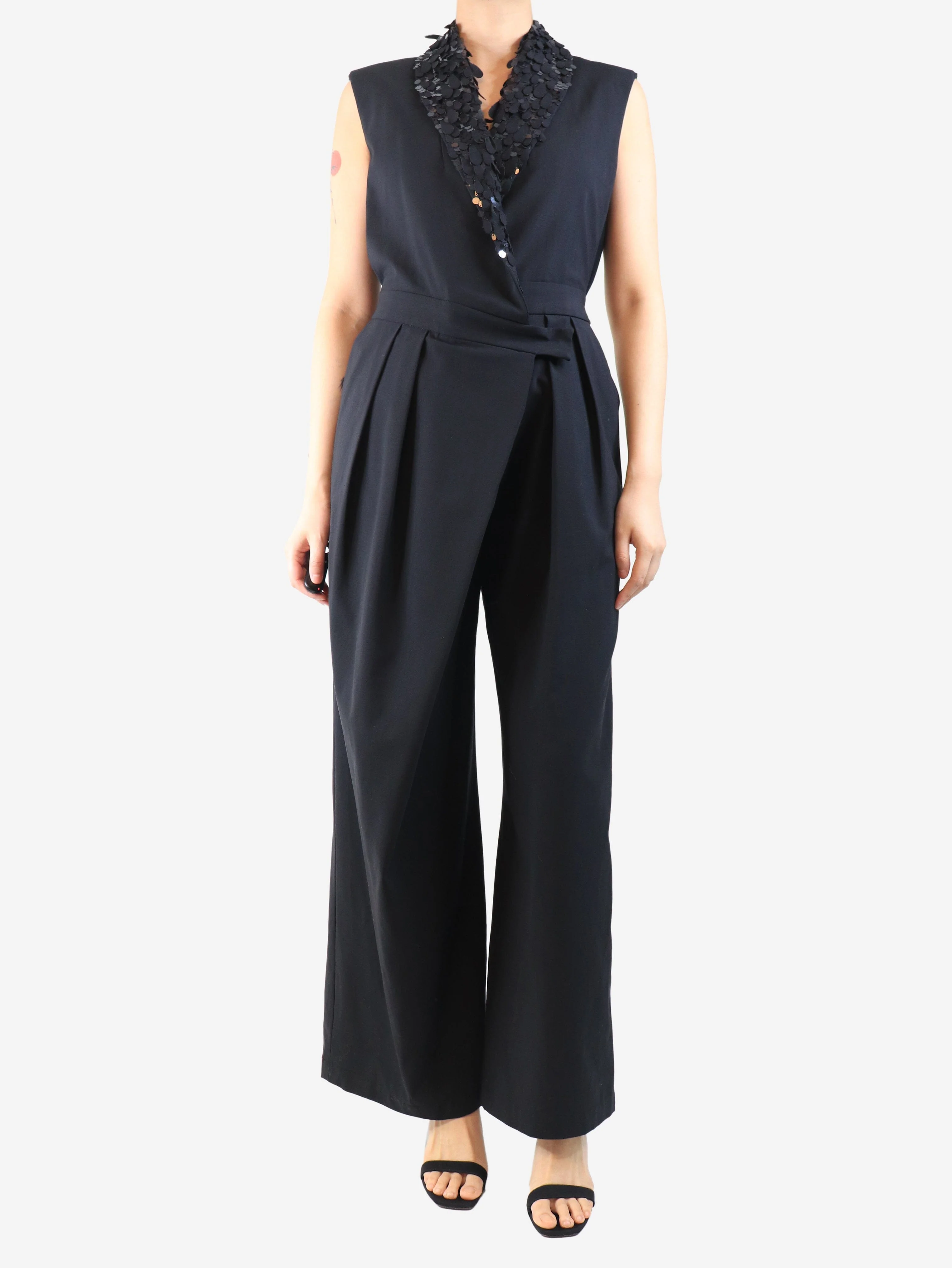 Black sequin-embellished sleeveless jumpsuit - size M
