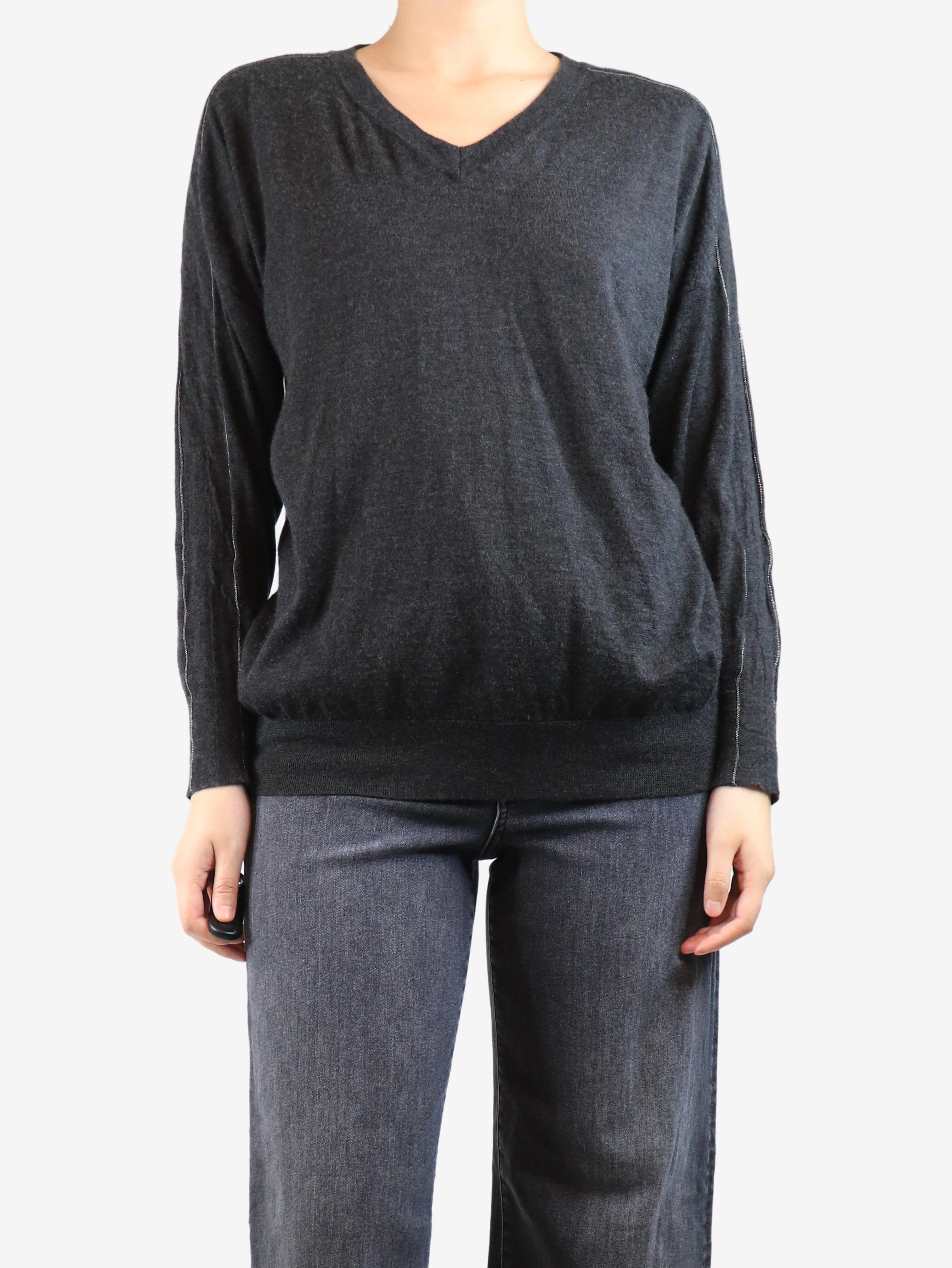 Charcoal sparkly-trimmed v-neck jumper - size L - Image 3