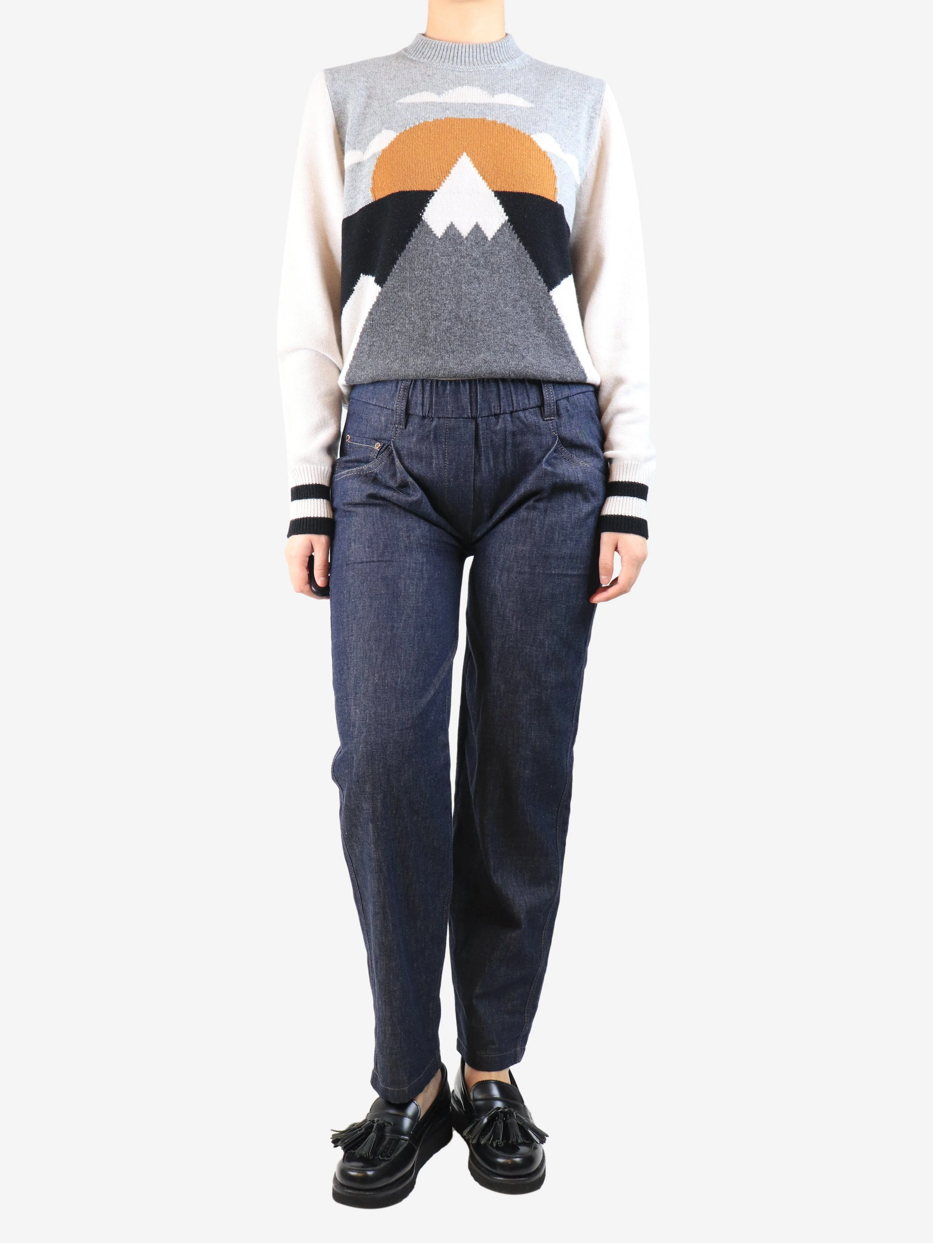Indigo elasticated denim trousers - size UK 8