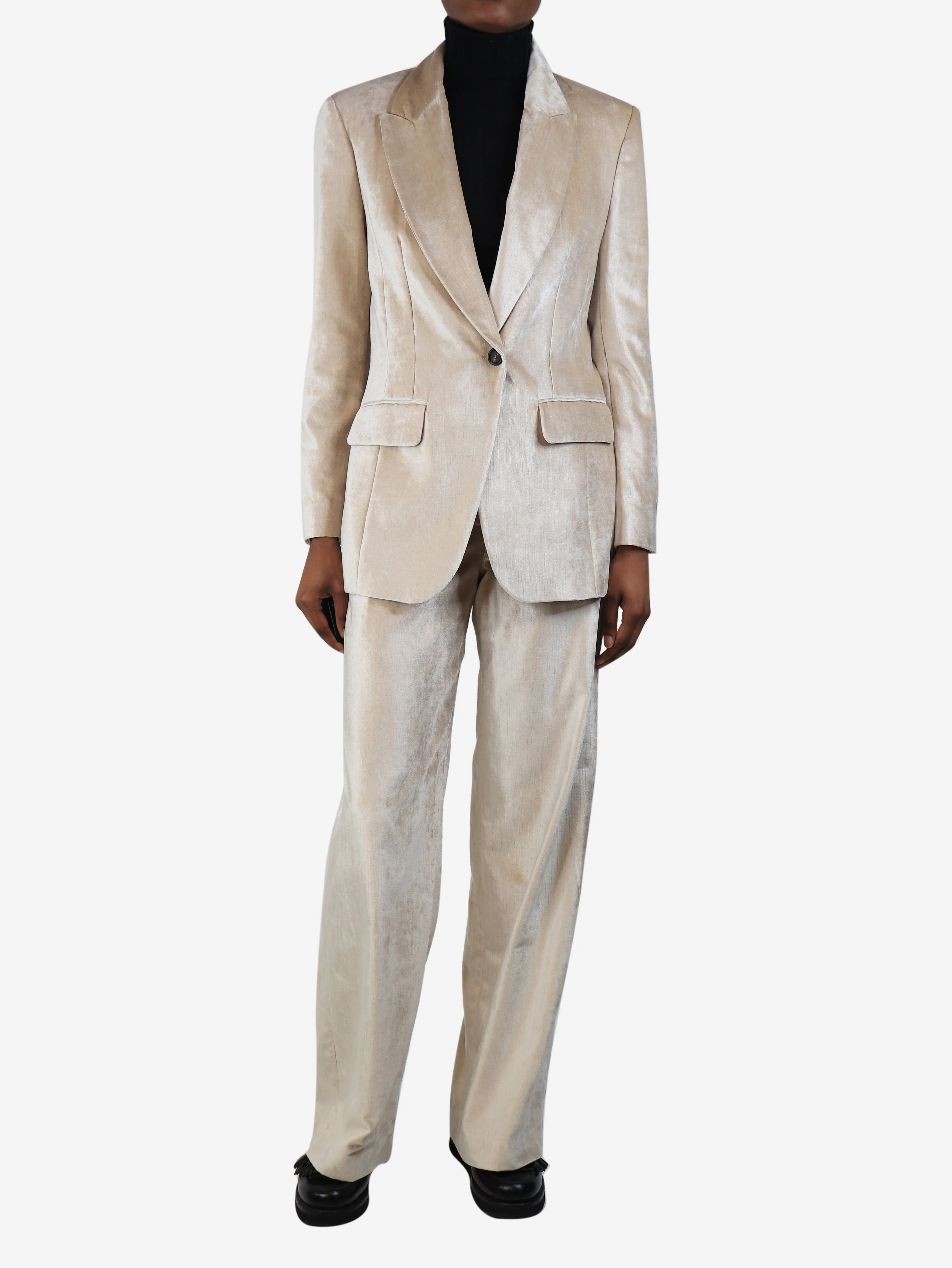Neutral velvet two-piece suit set - size UK 6