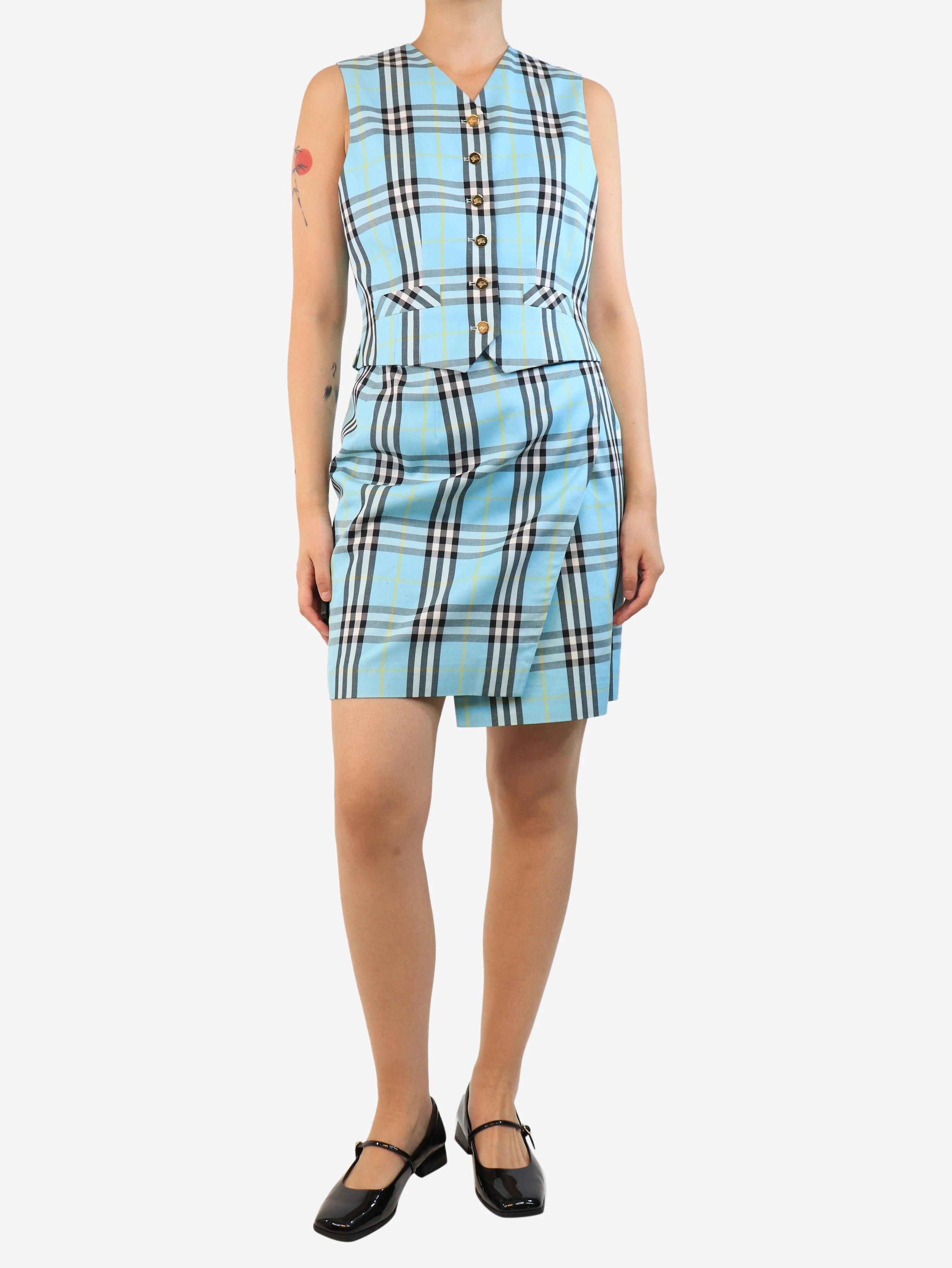 Blue plaid printed vintage 2 Pc set - size UK 8 - Image 3