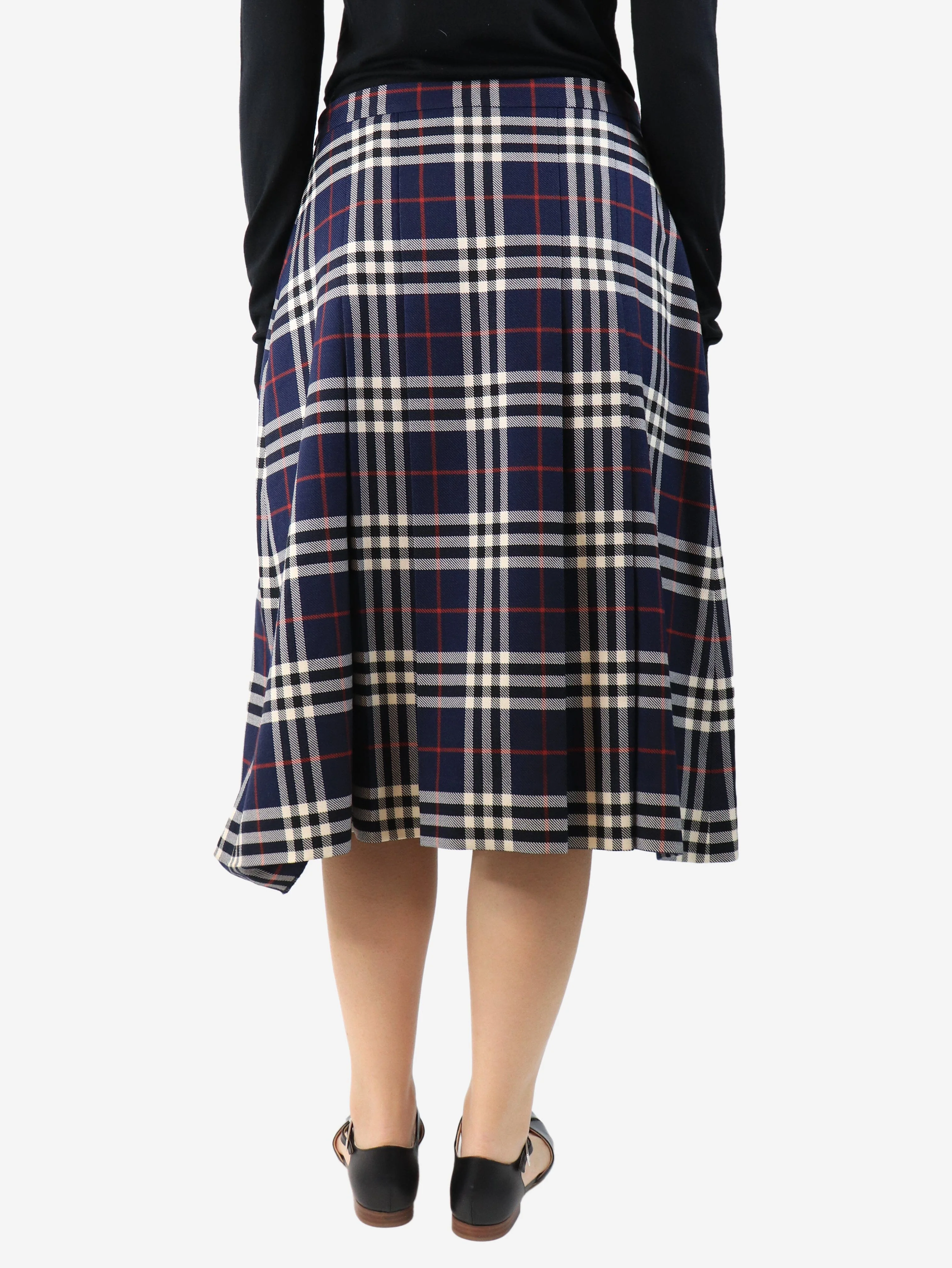 Navy blue check pleated midi skirt - size UK 12 - Image 3