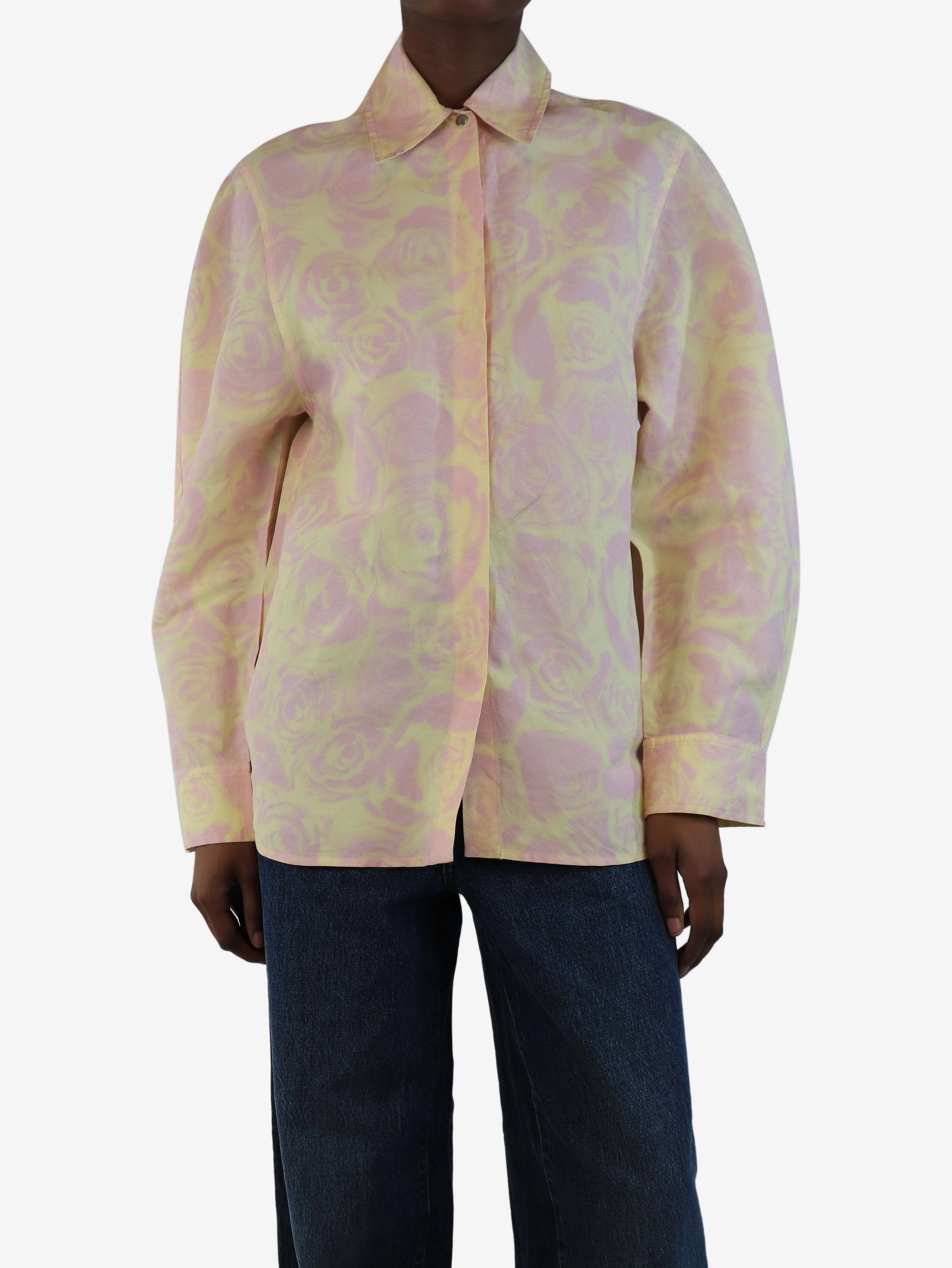Yellow and pink floral taffeta shirt - size UK 2