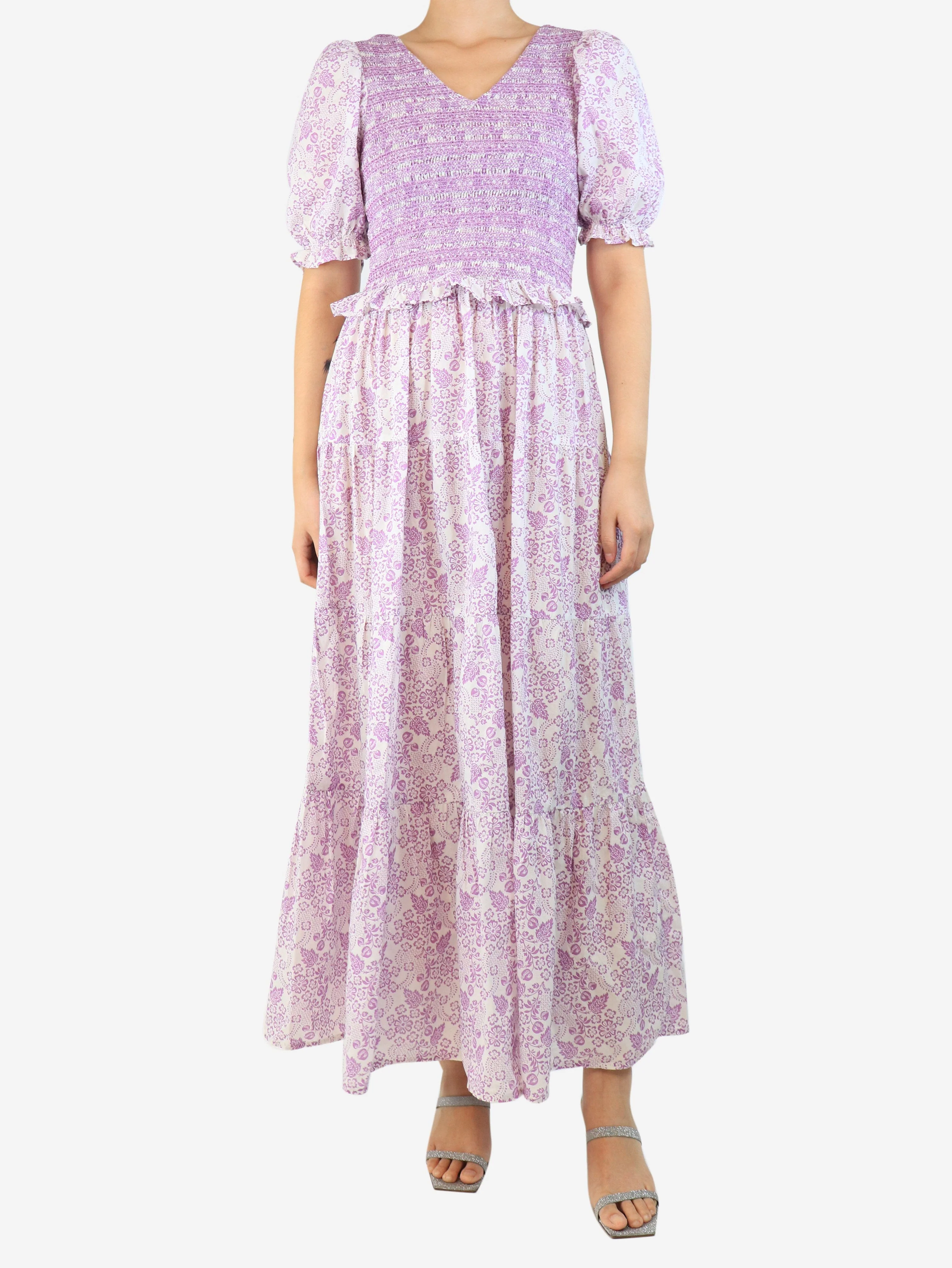 Purple shirred midi V-neck dress - size S - Image 3