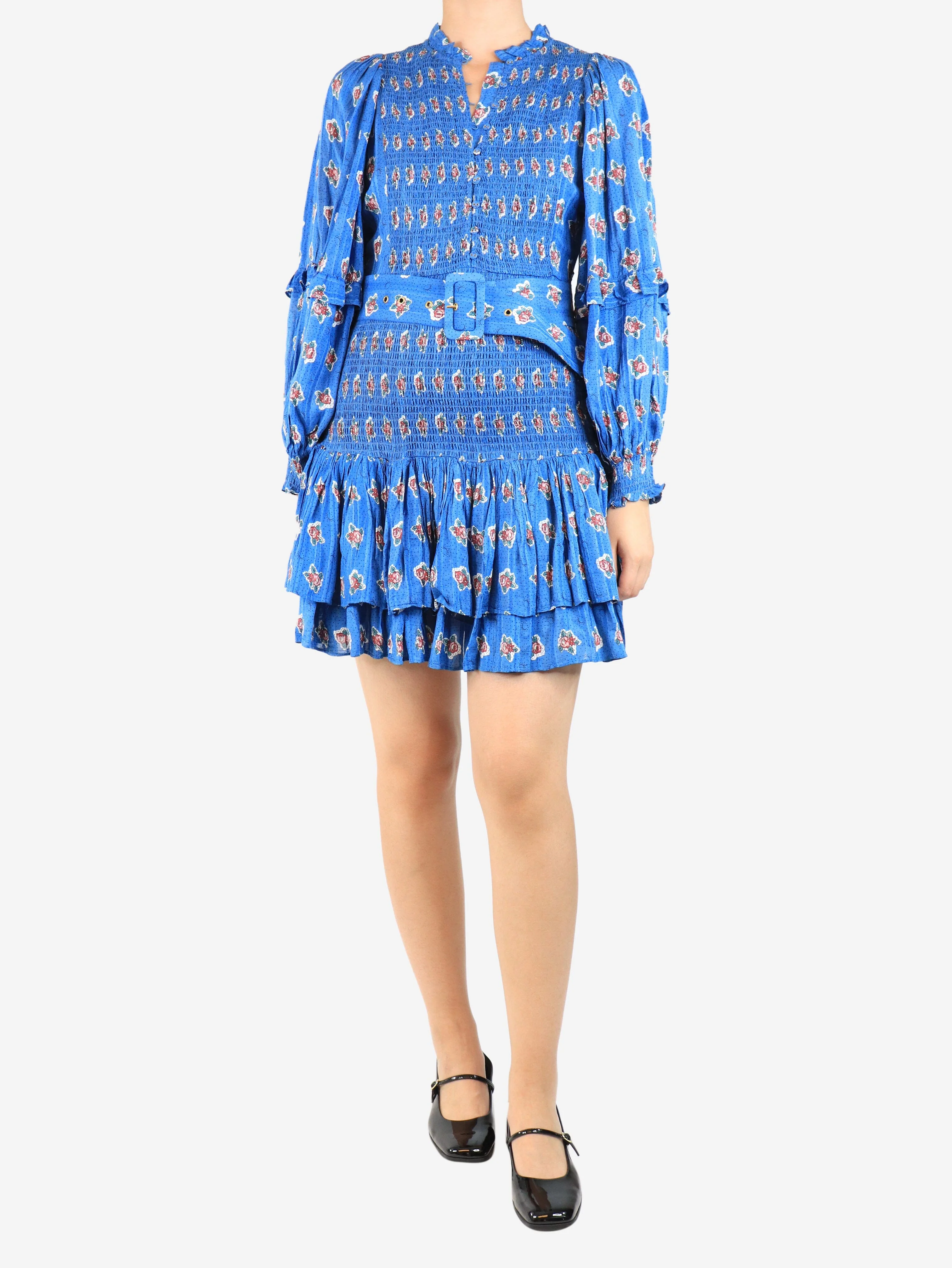 Blue belted floral shirred mini dress - size S