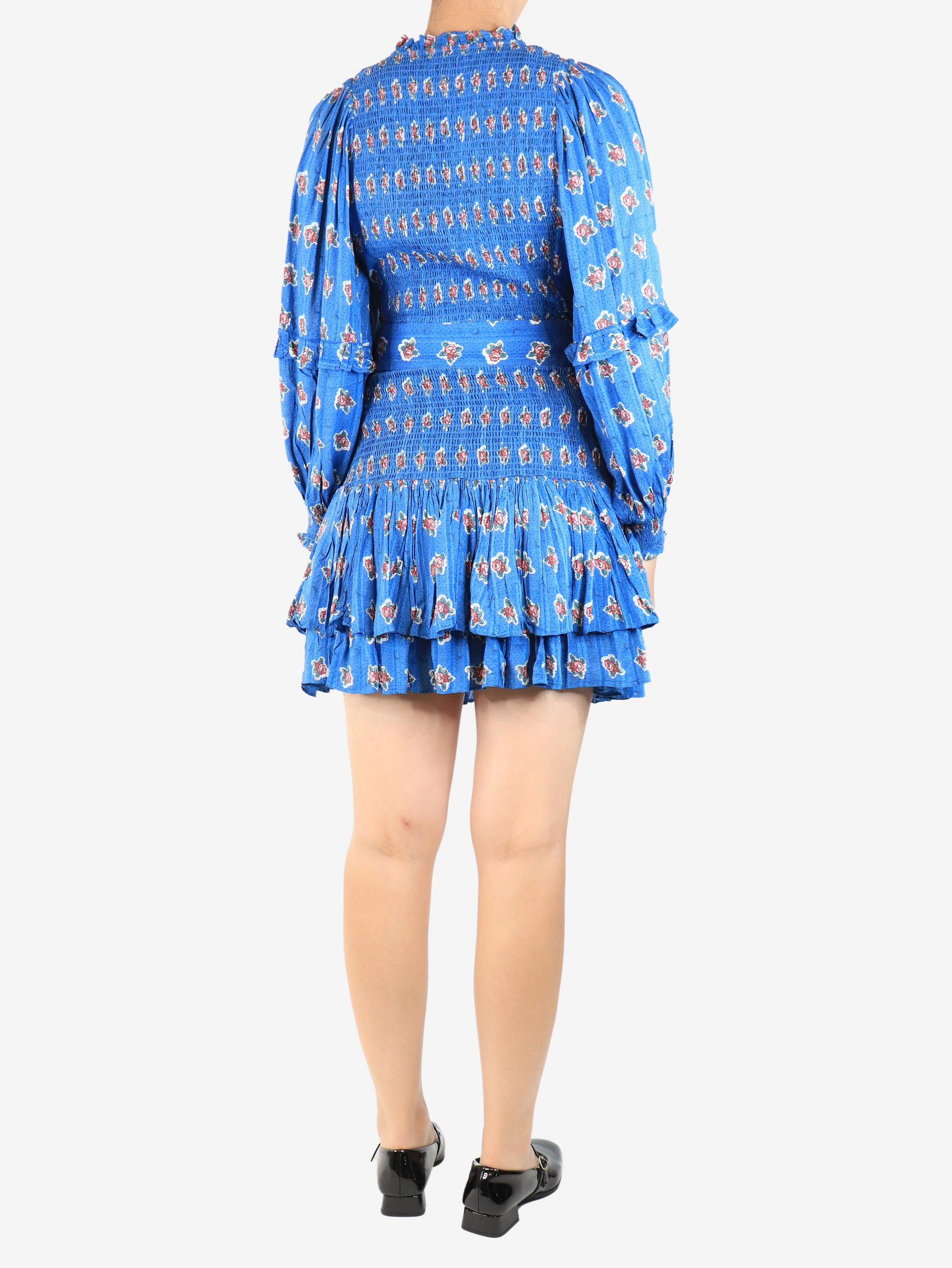 Blue belted floral shirred mini dress - size S - Image 2