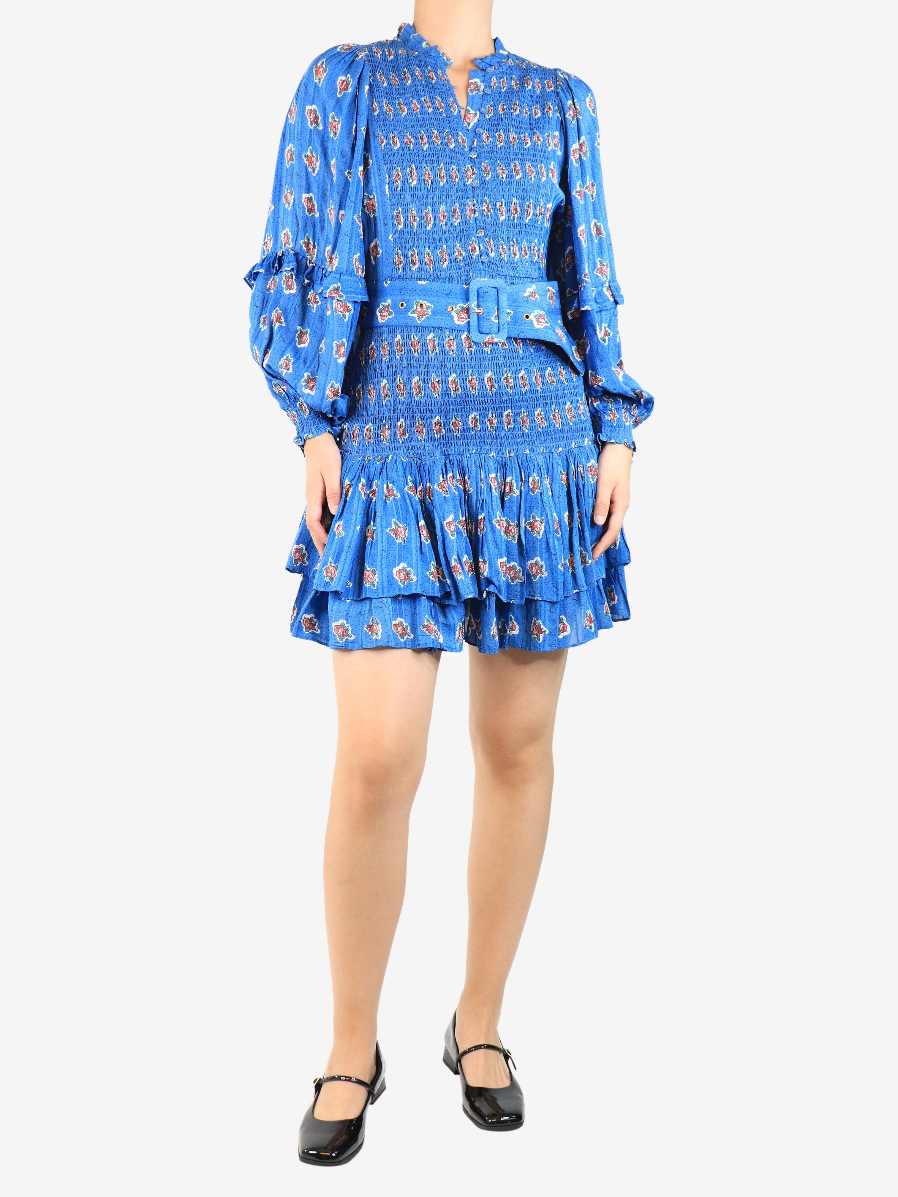 Blue belted floral shirred mini dress - size S - Image 3