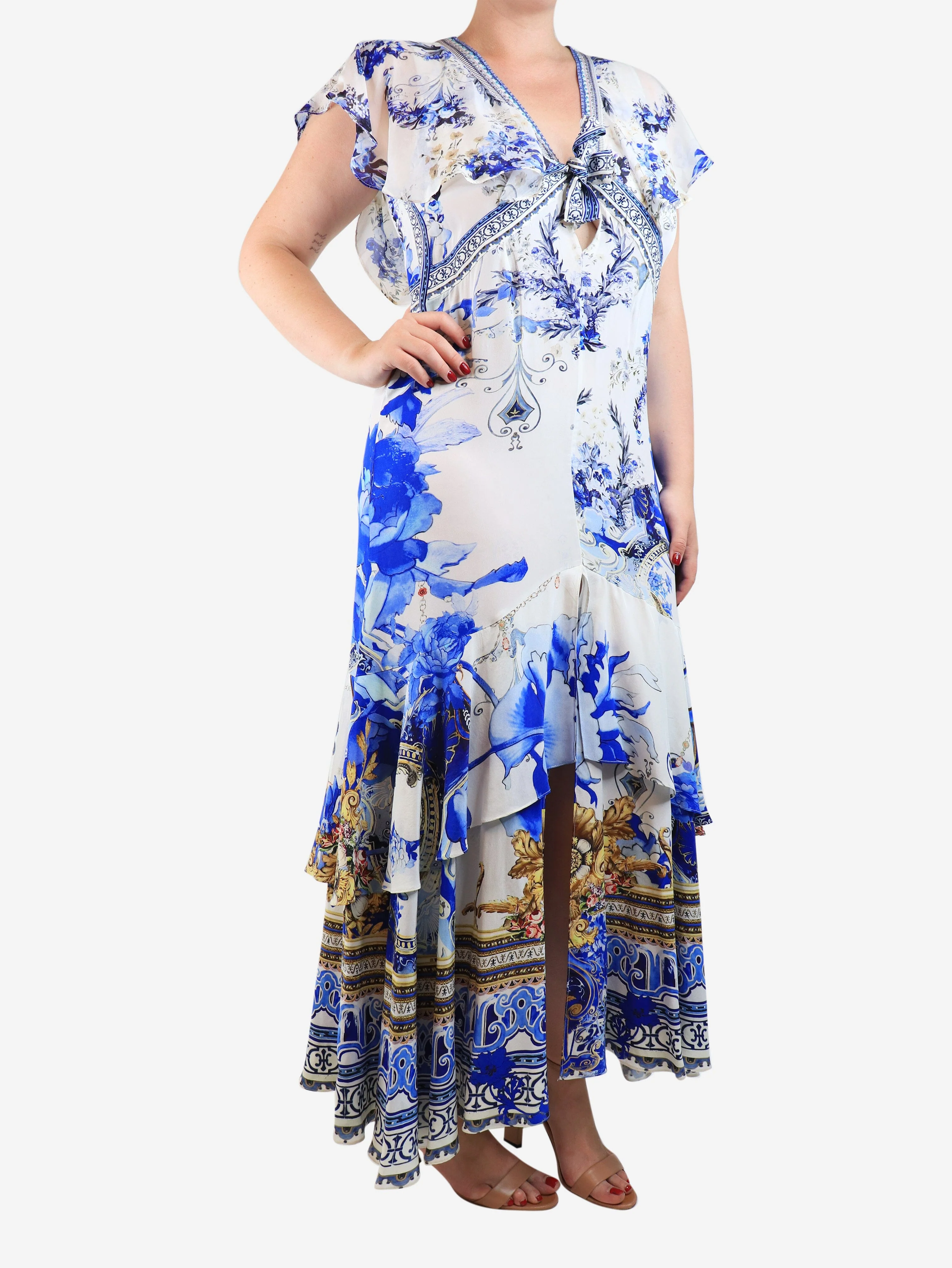 Blue floral silk diamante dress - size M - Image 3