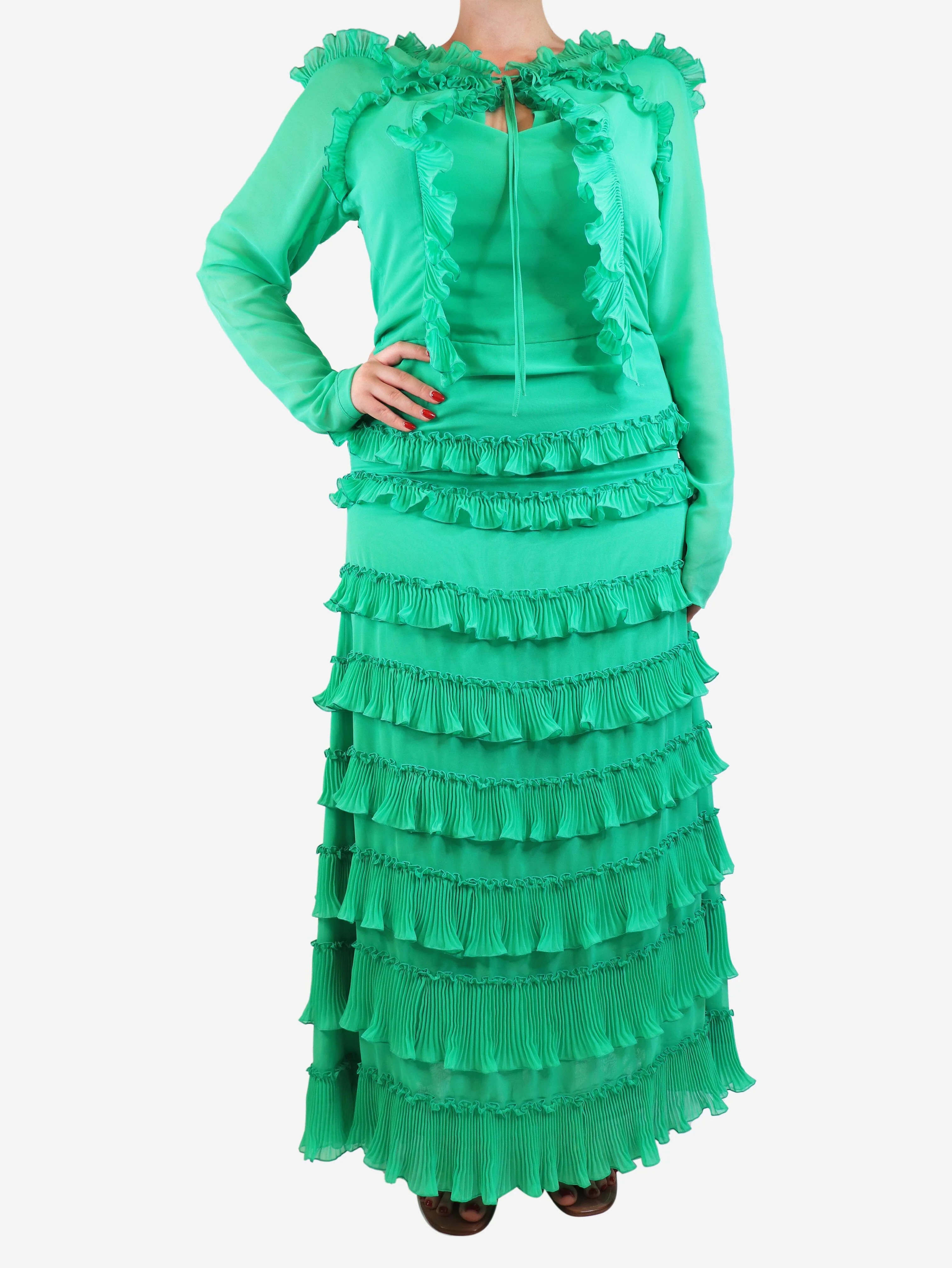 Green ruffle tiered maxi dress - size UK 12