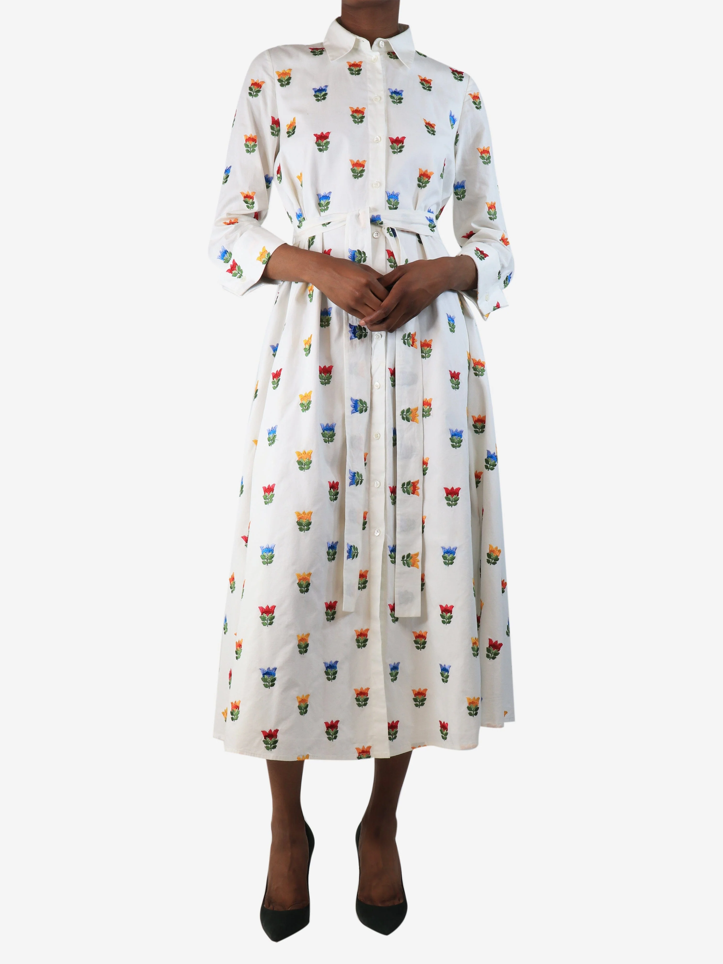 White floral embroidered midi shirt dress - size UK 6 - Image 3