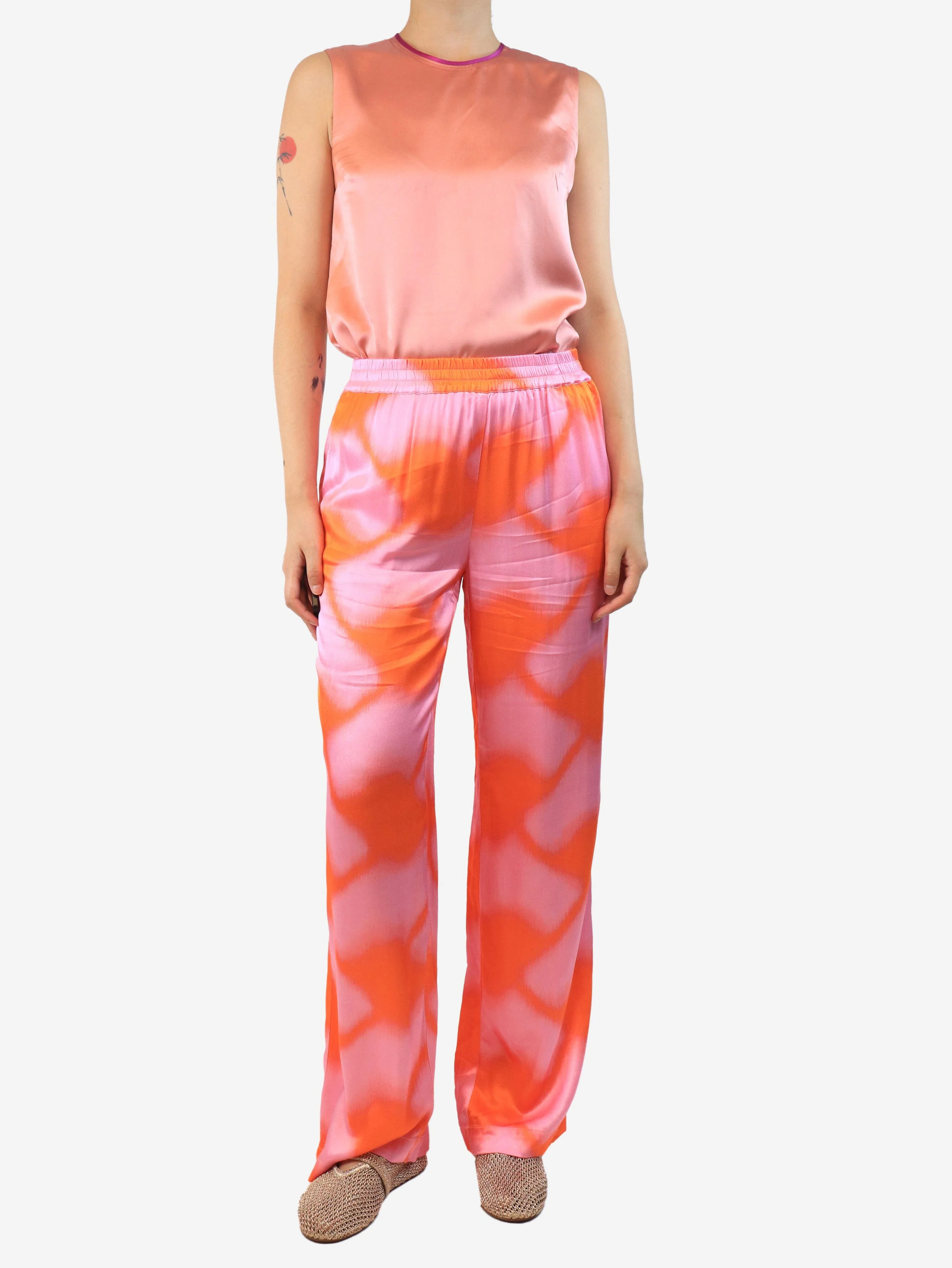 Pink satin printed trousers - size S - Image 2
