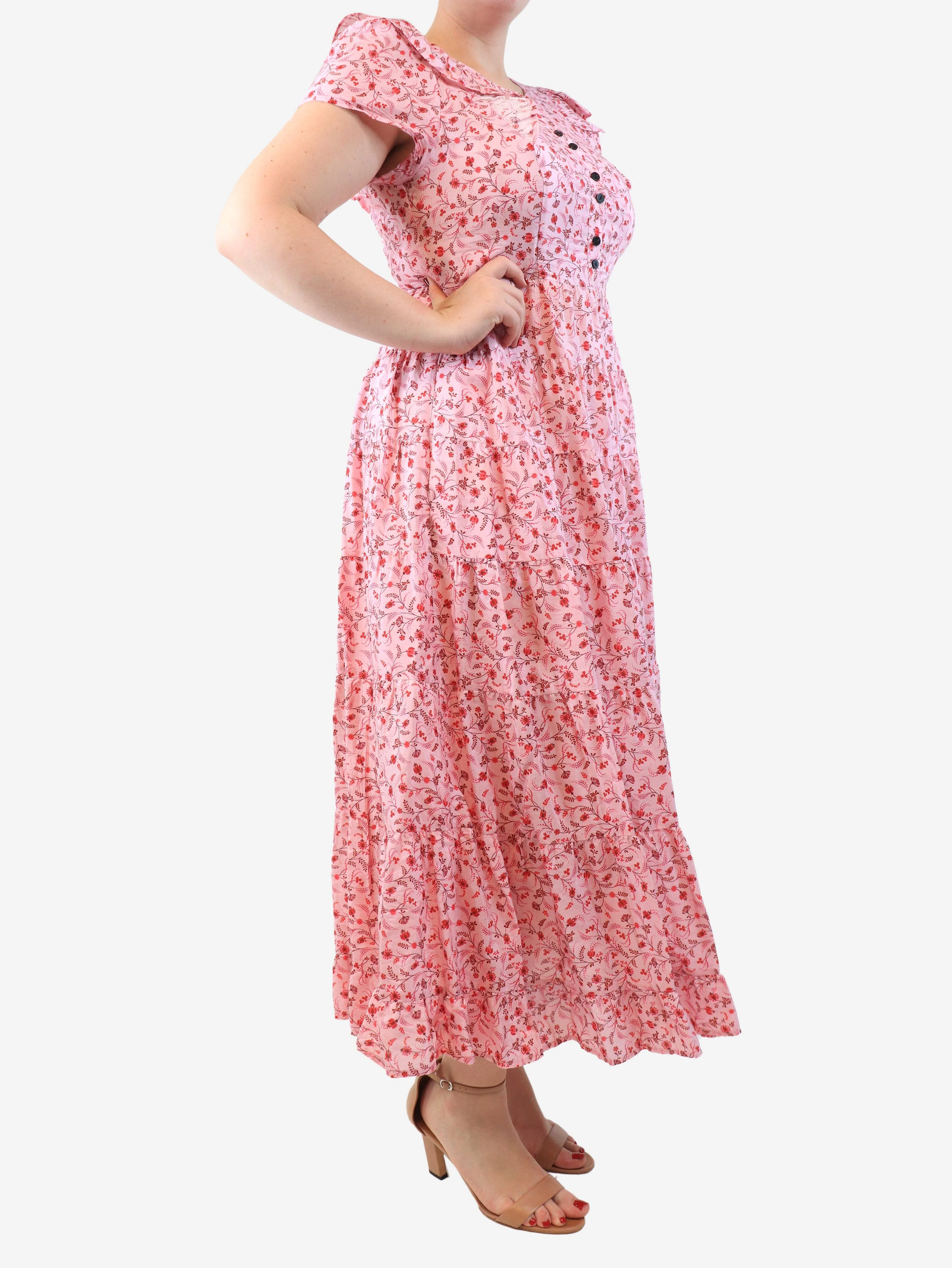 Pink tiered floral maxi dress - size UK 14 - Image 3