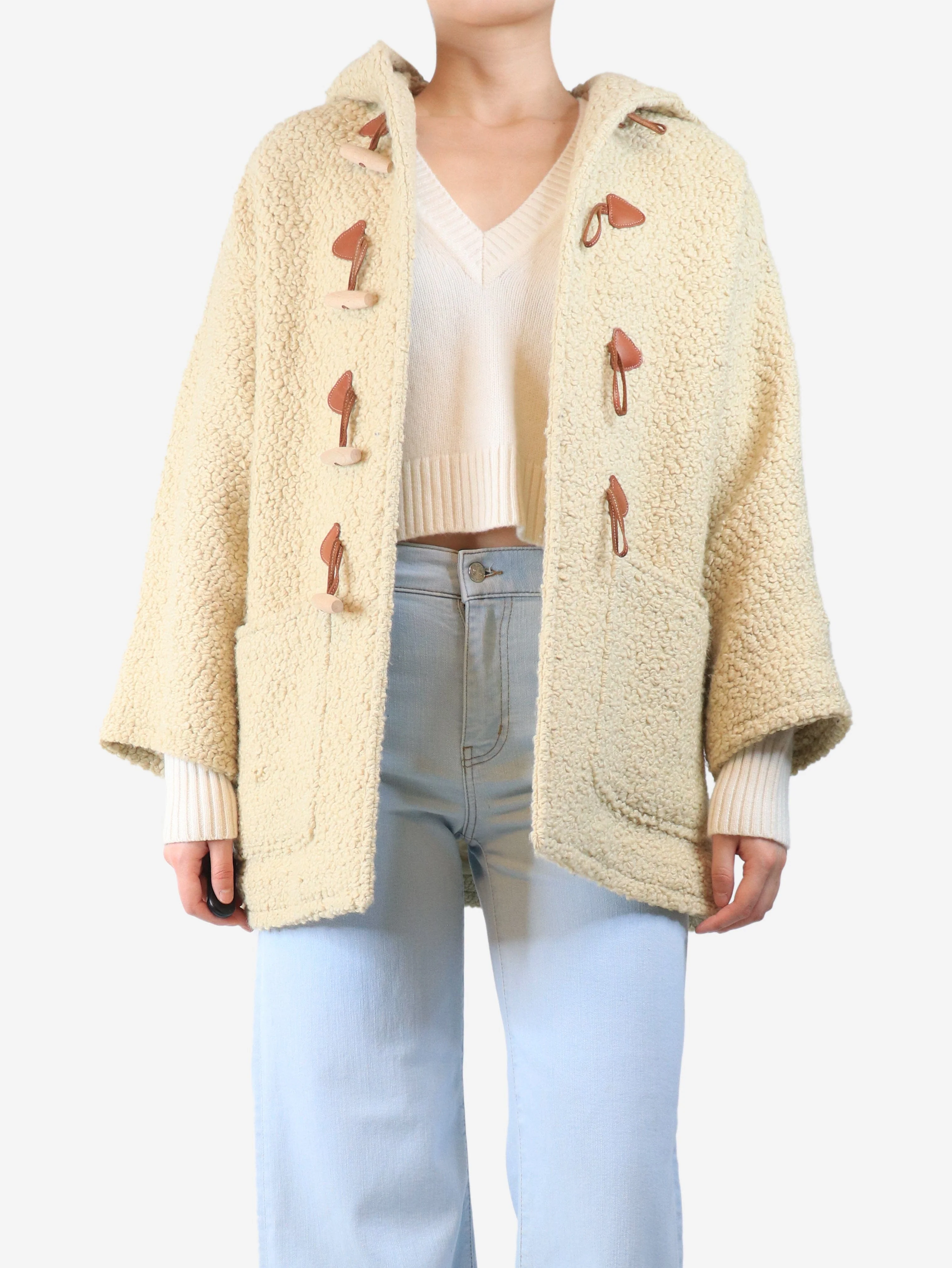 Banana cream wool hooded dufffle coat - size UK 6 - Image 3