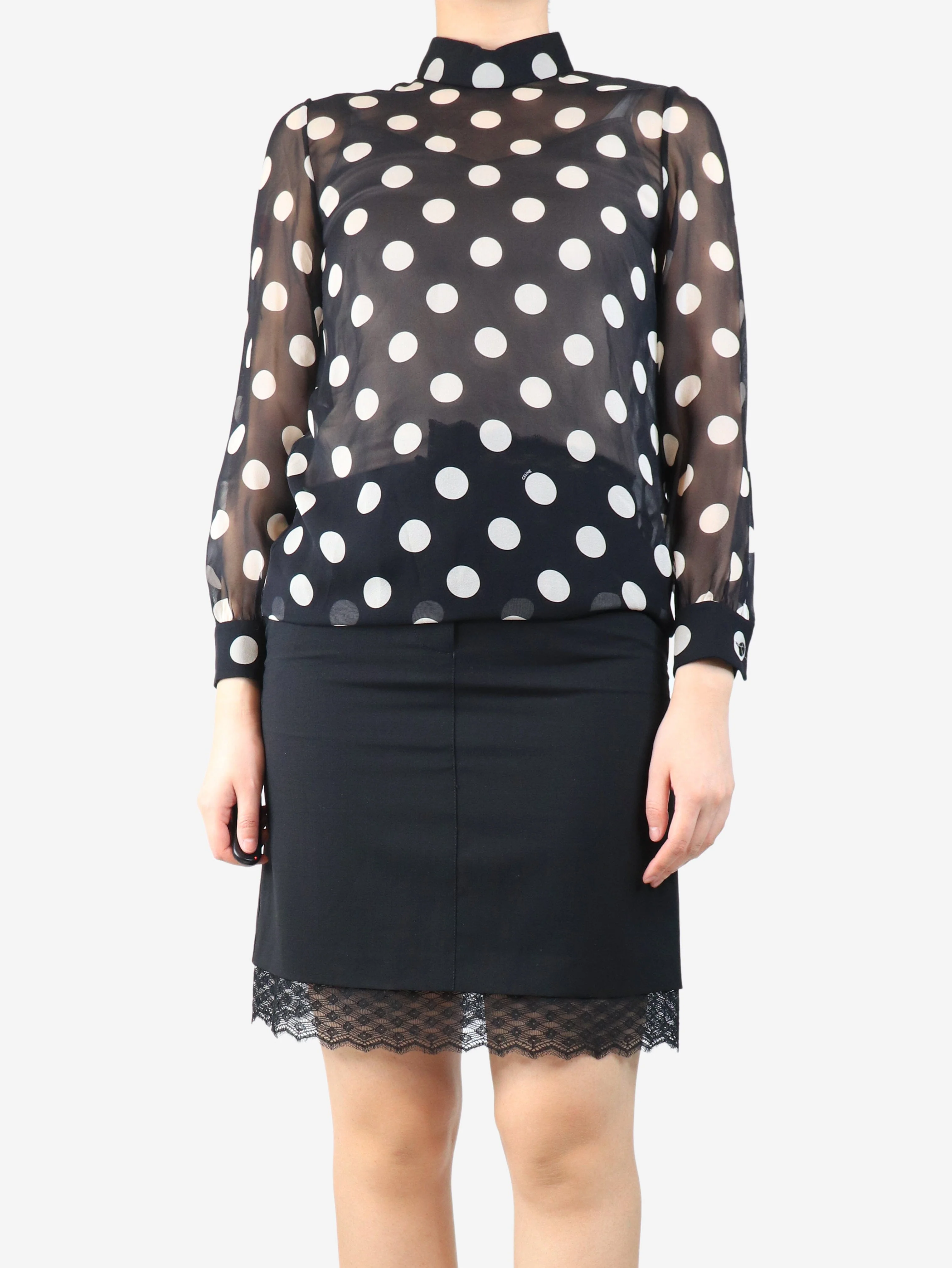 Black sheer silk chiffon polka dot blouse - size UK 8