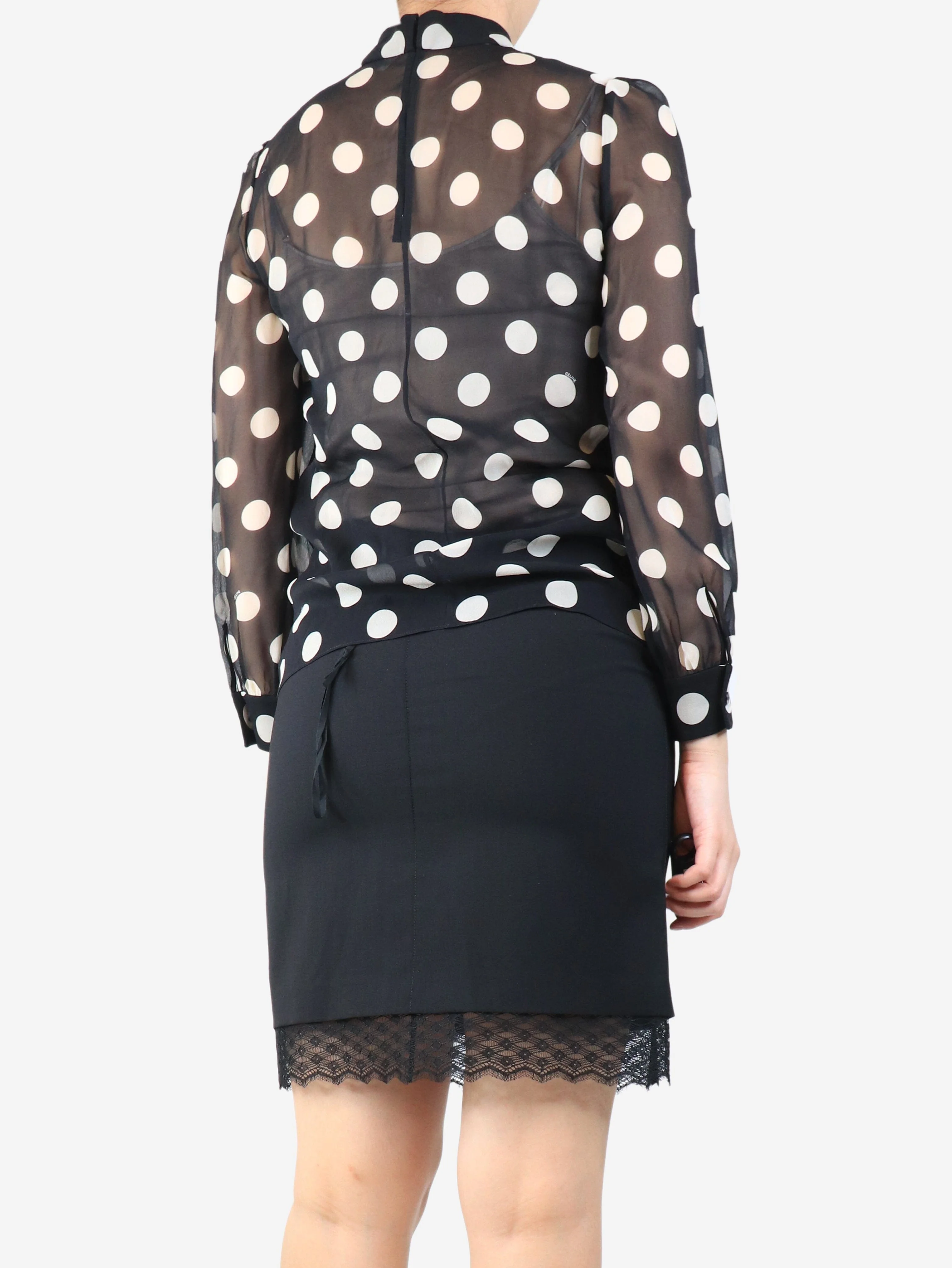 Black sheer silk chiffon polka dot blouse - size UK 8 - Image 2