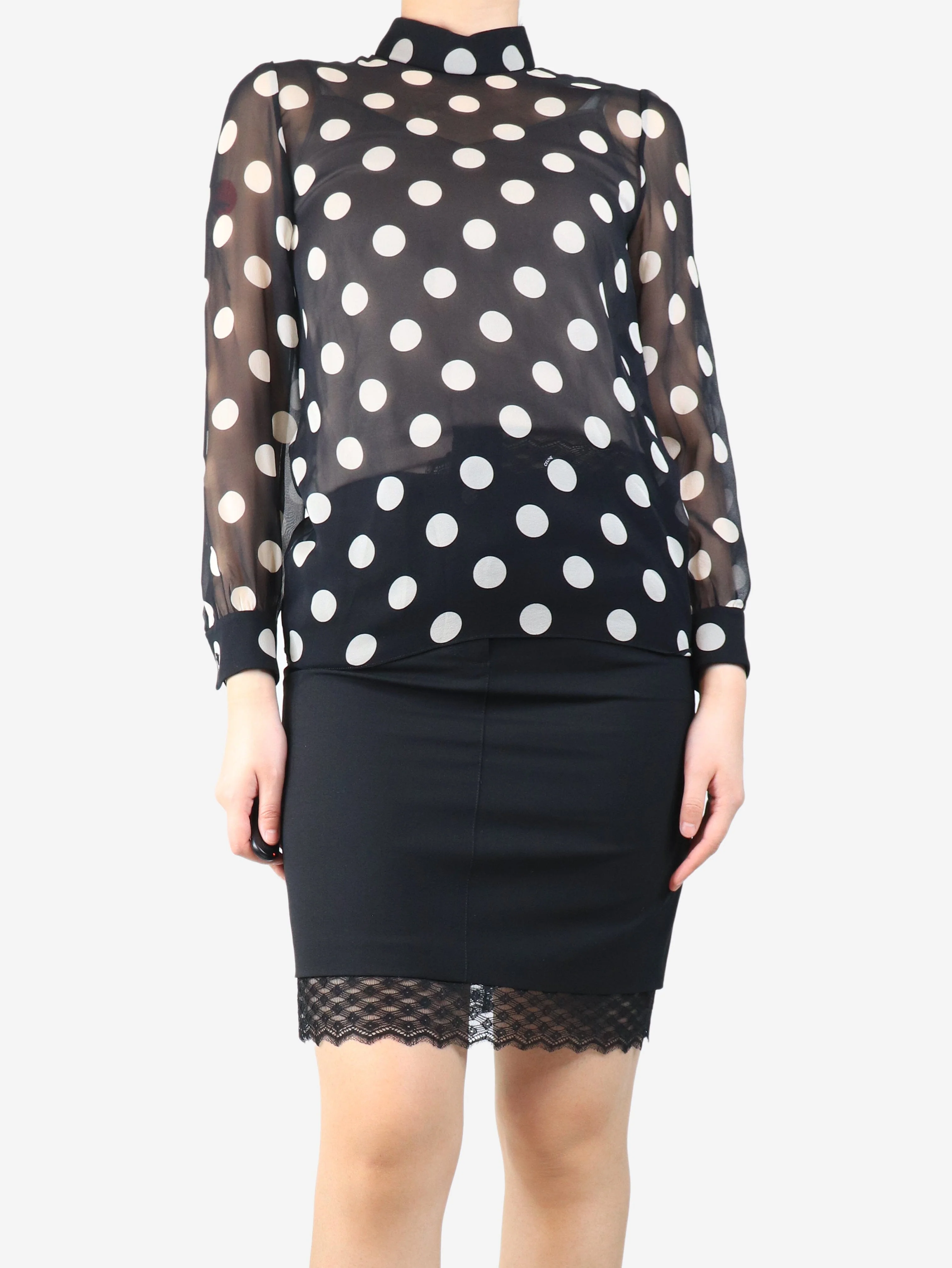 Black sheer silk chiffon polka dot blouse - size UK 8 - Image 3