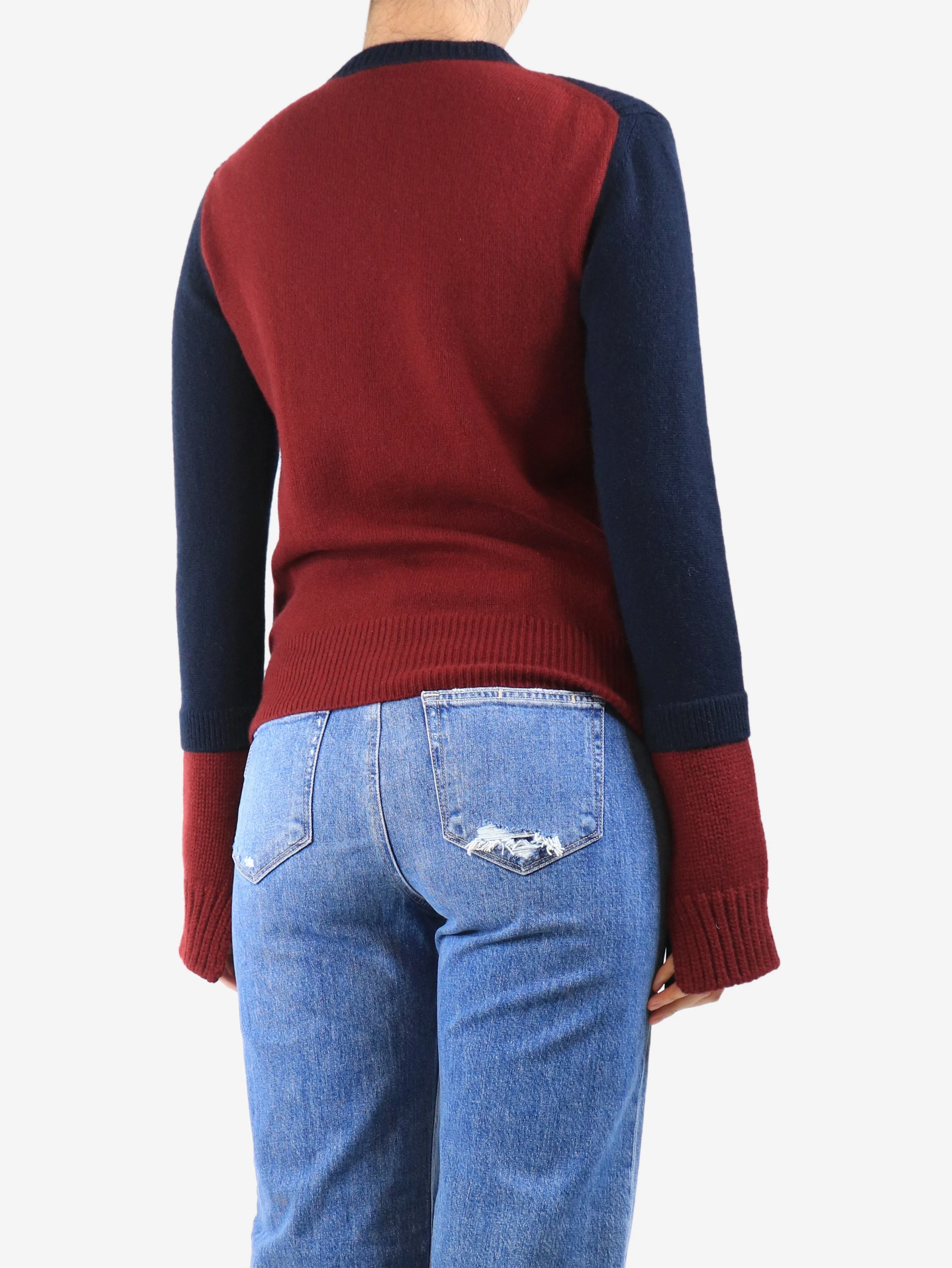 Navy and maroon ribbed cashmere colourblock jumper - size M - Image 2