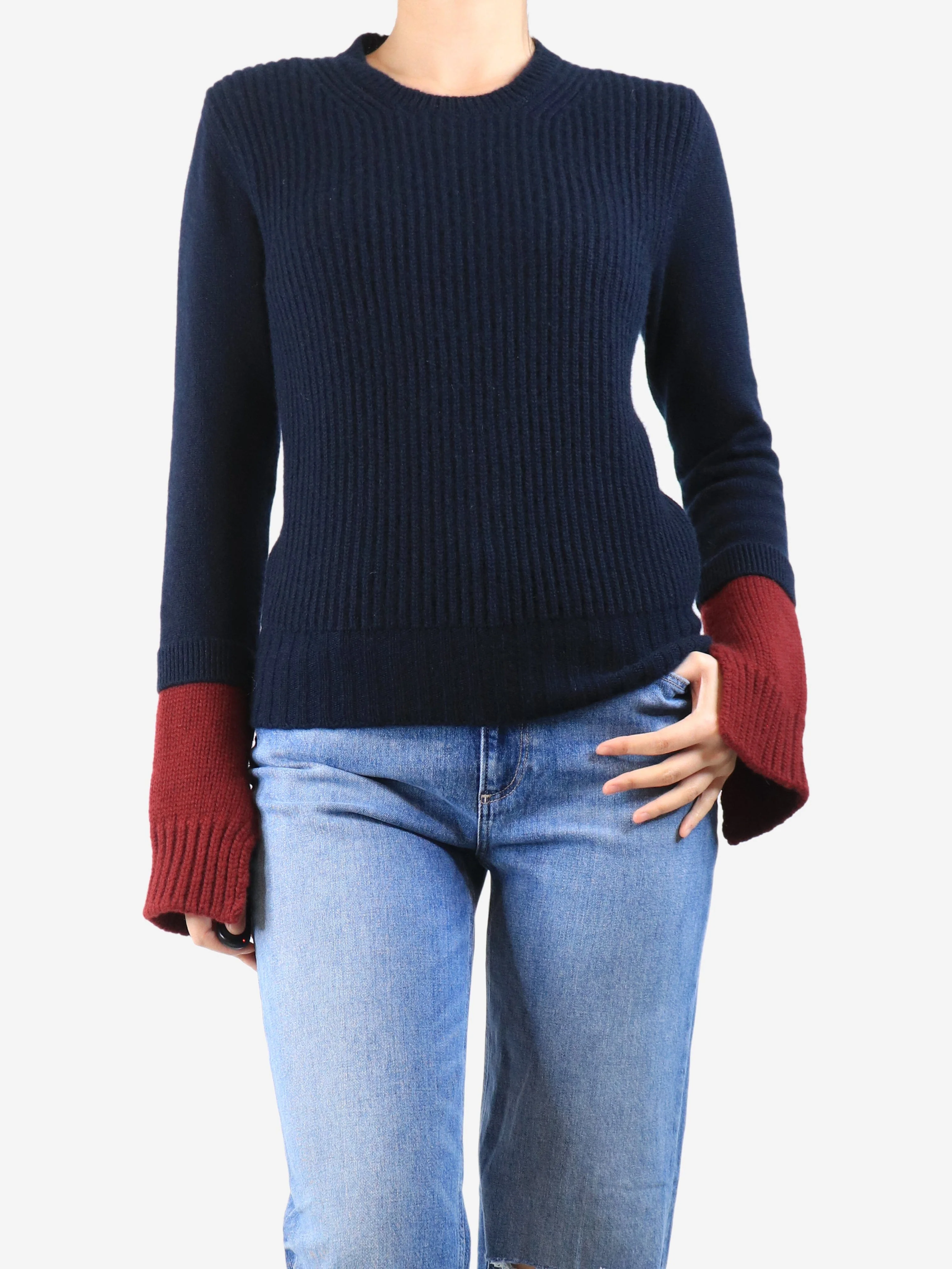 Navy and maroon ribbed cashmere colourblock jumper - size M - Image 3