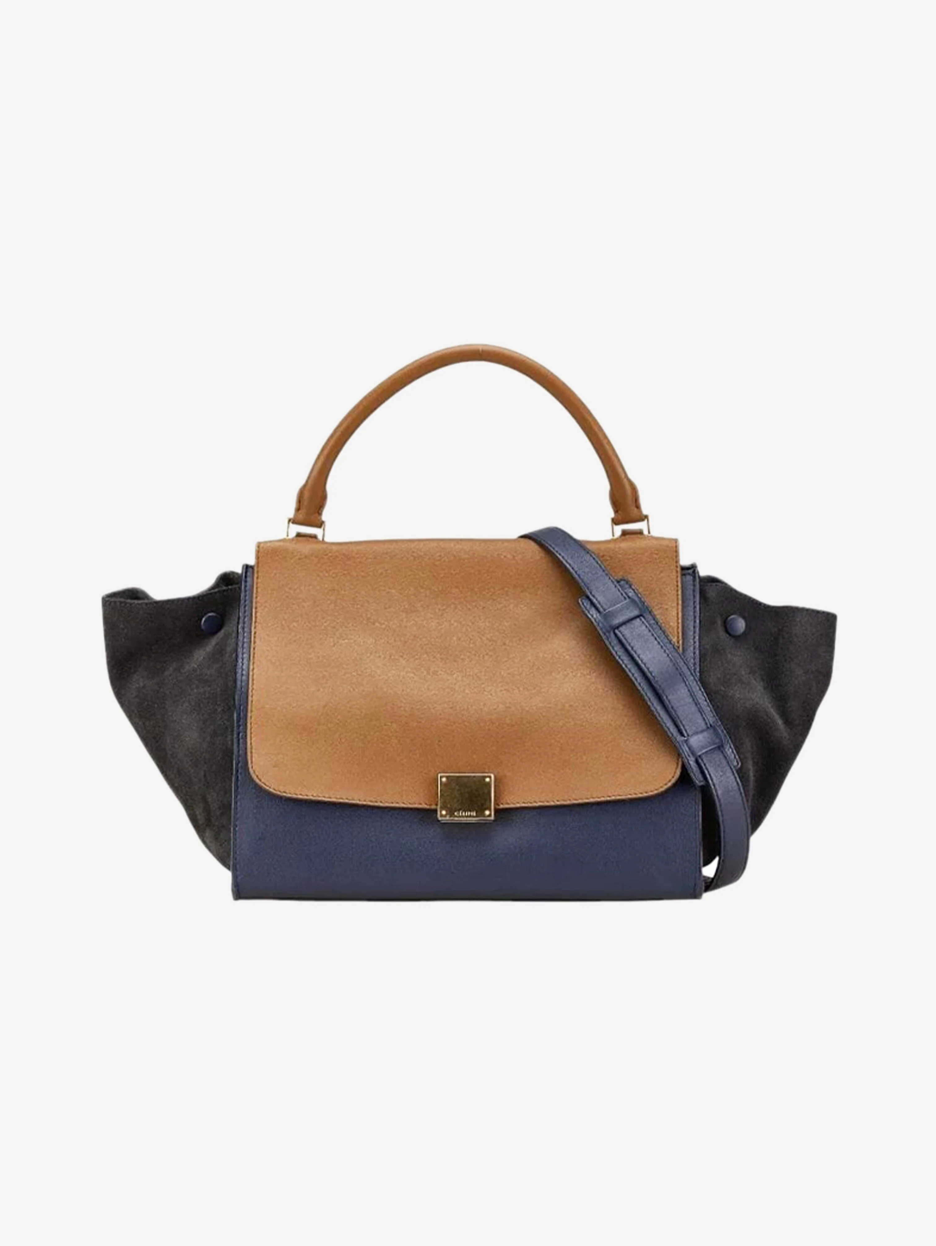 Navy blue and tan Trapeze leather and suede 2way bag