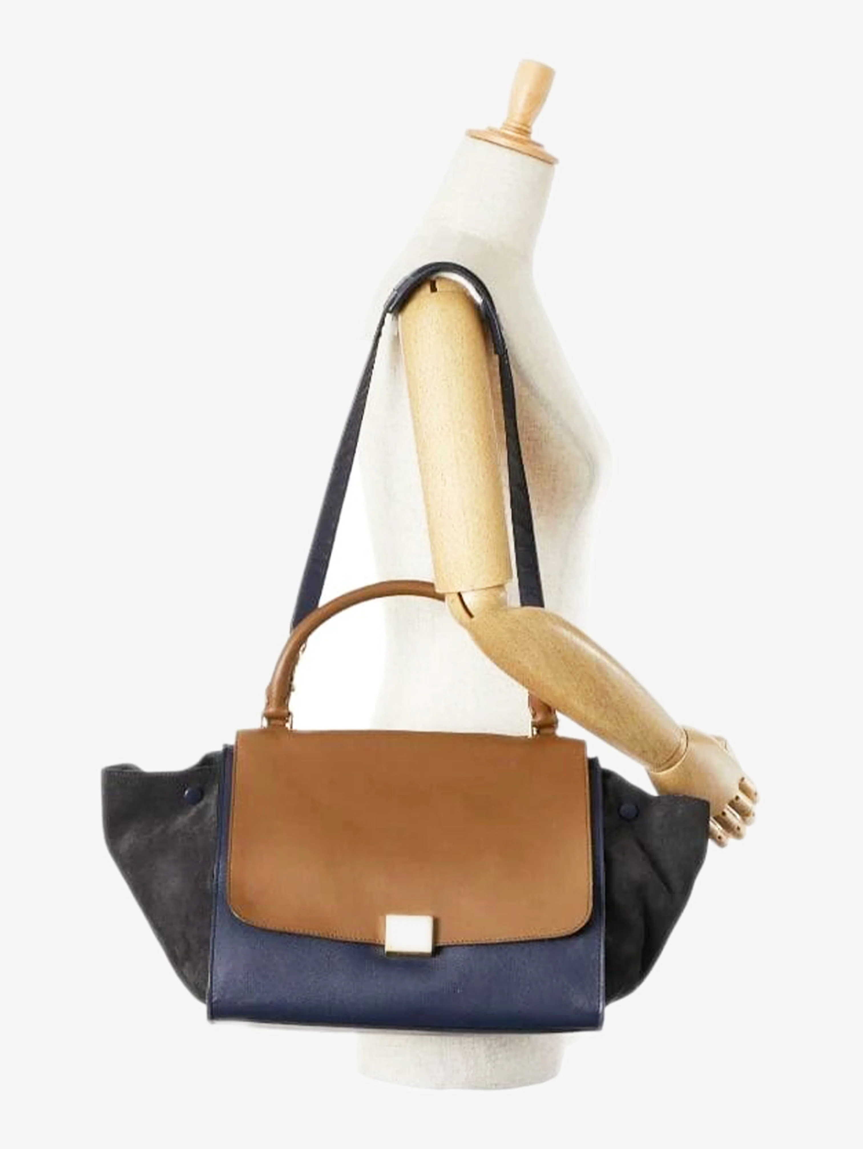 Navy blue and tan Trapeze leather and suede 2way bag - Image 2