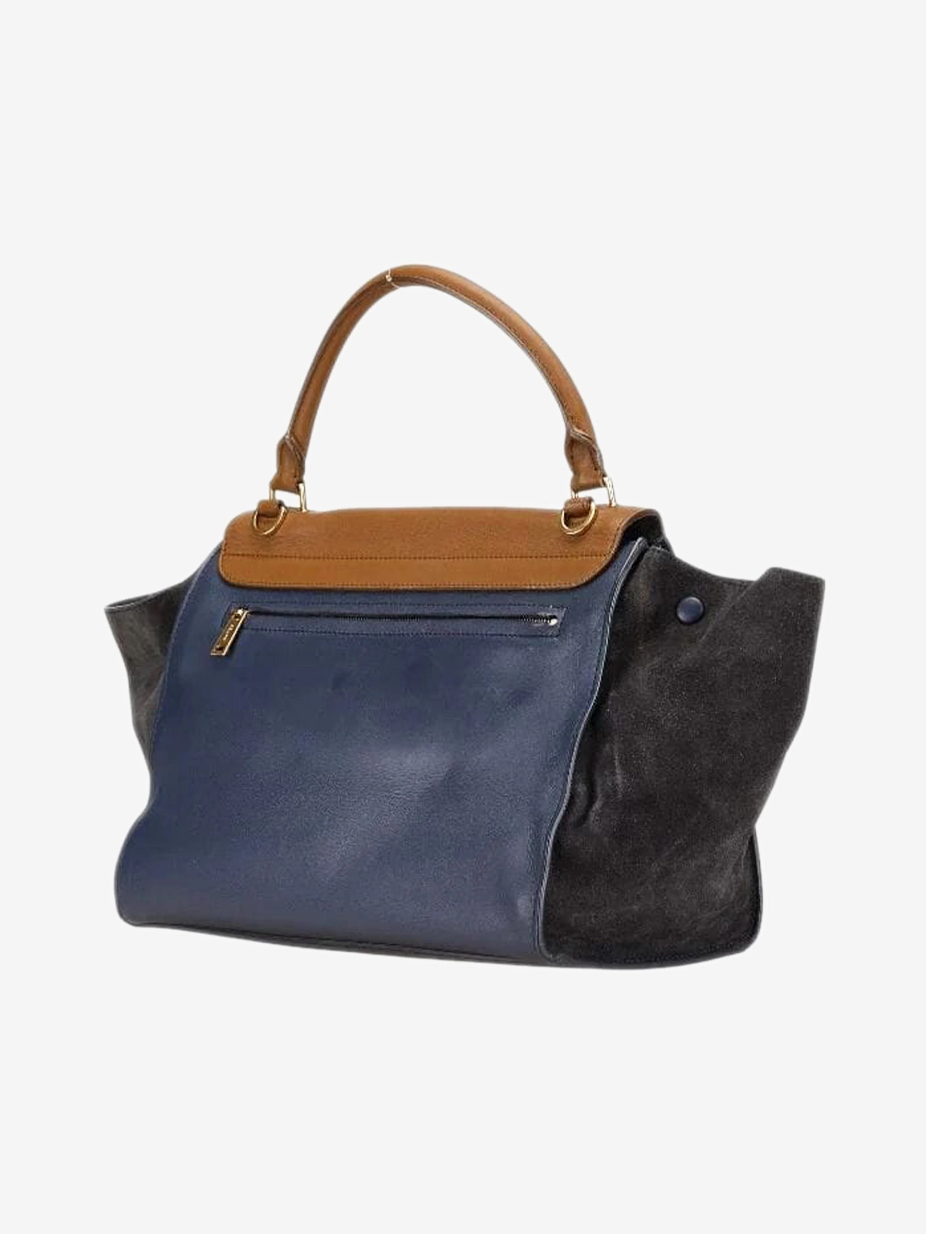 Navy blue and tan Trapeze leather and suede 2way bag - Image 3