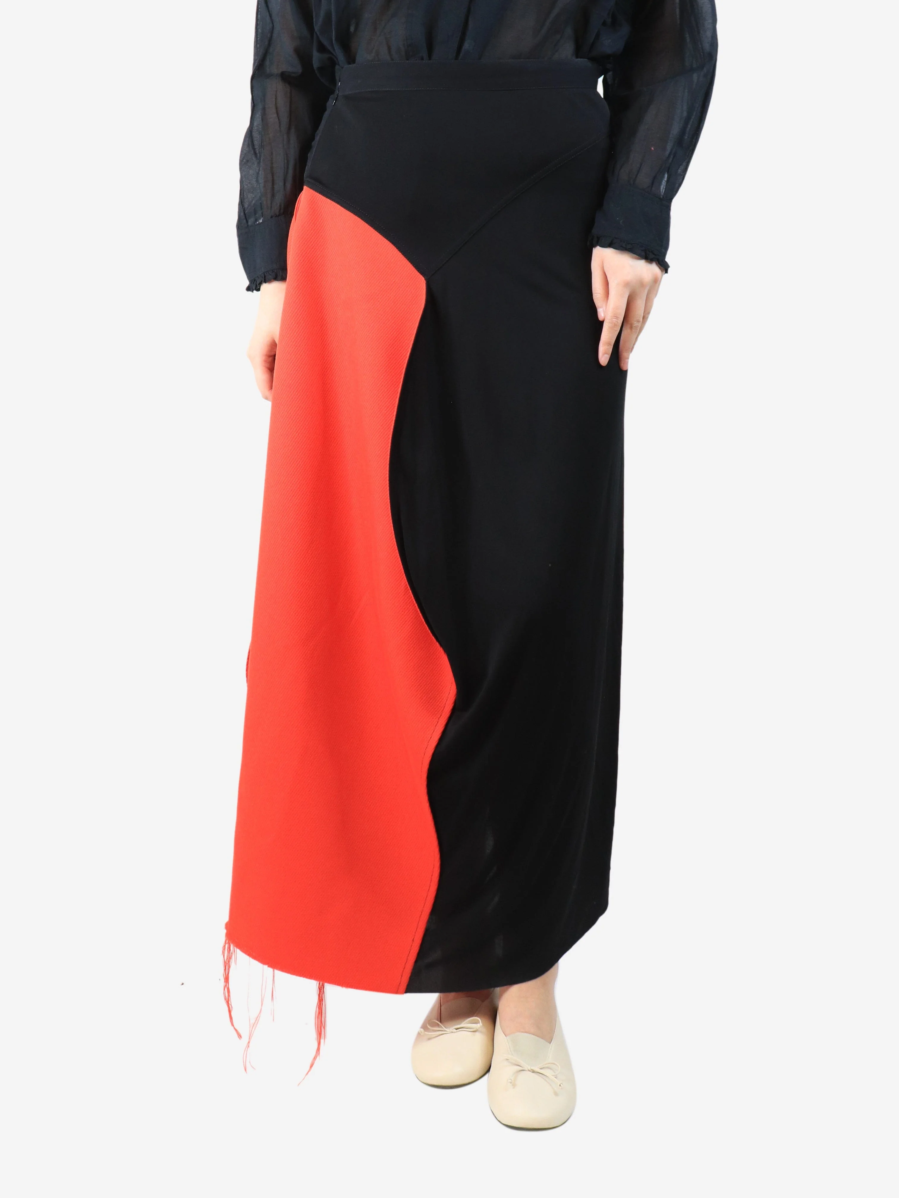 Red and black asymmetric panelled midi skirt - size UK 12