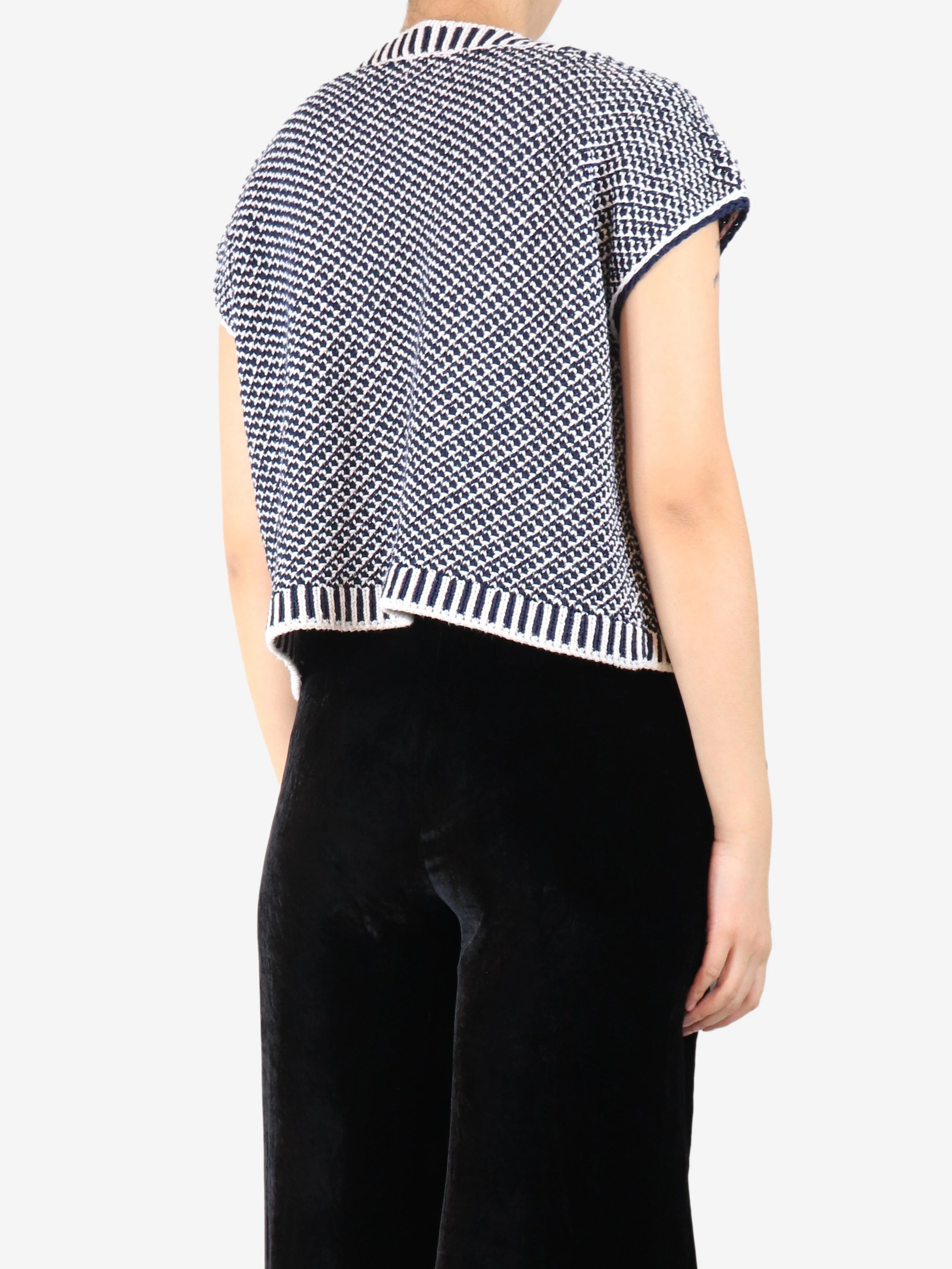Dark blue and white sleeveless knit top - size UK 14 - Image 2