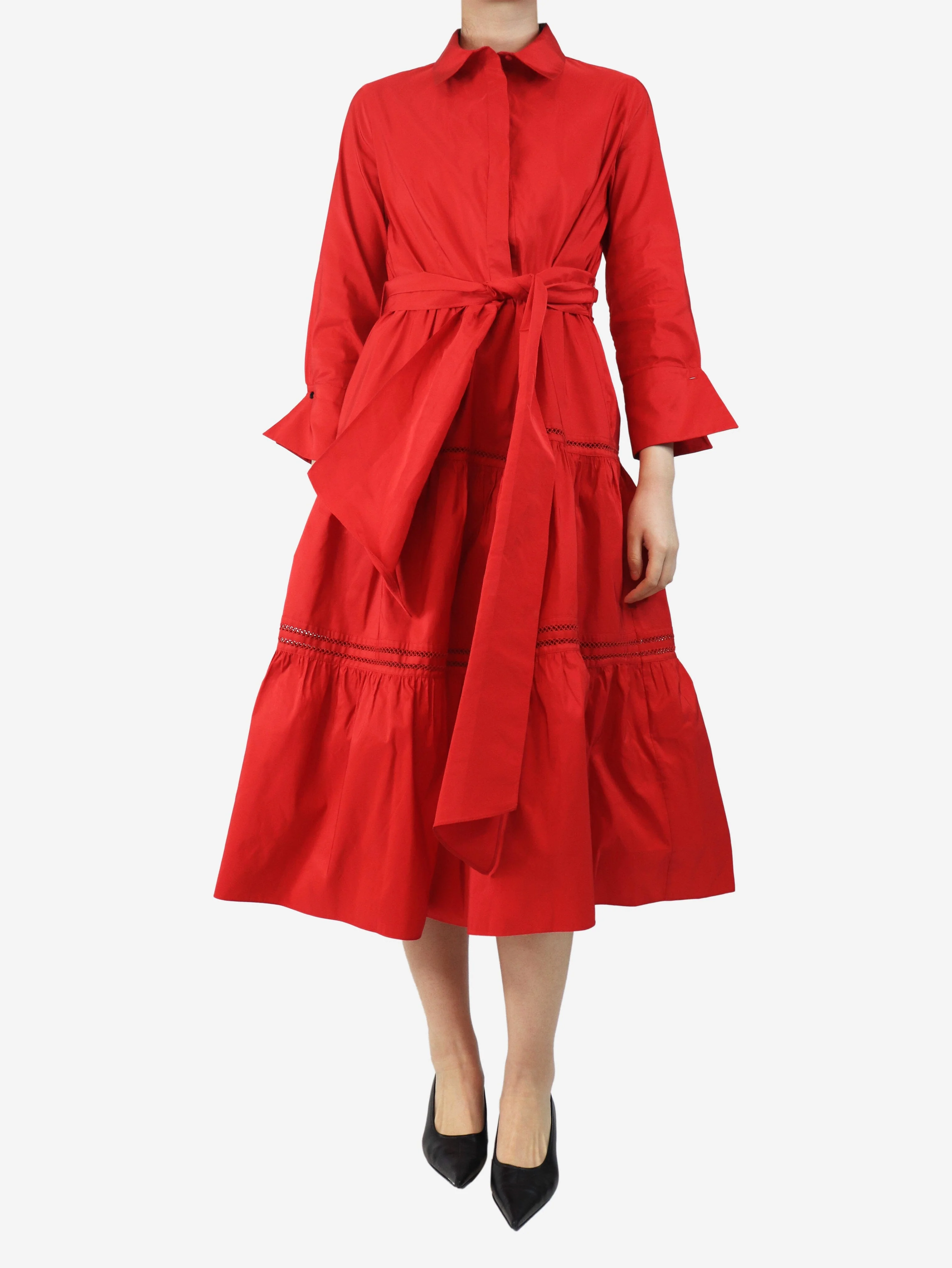 Red belted midi dress - size UK 14