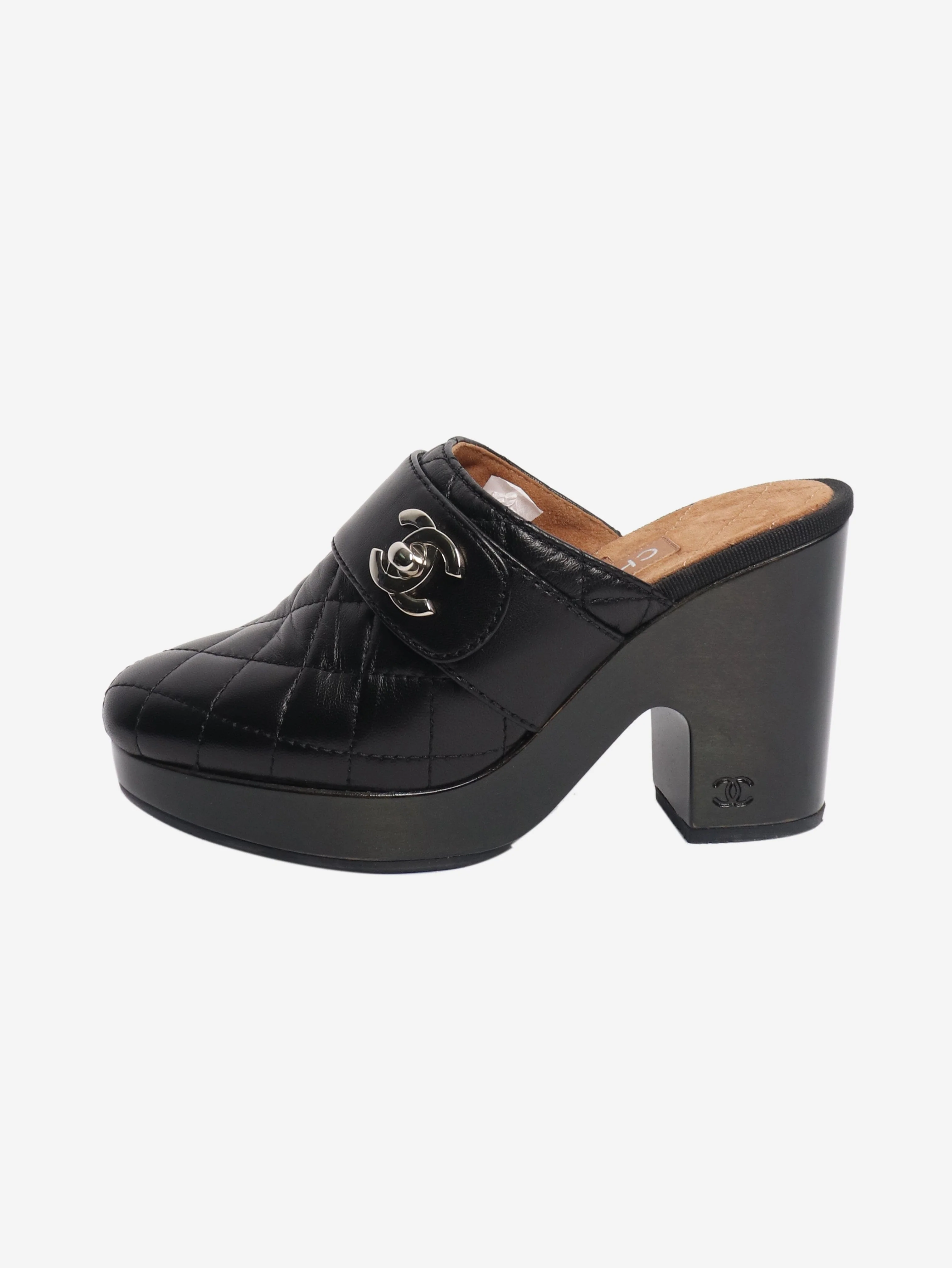 Black quilted leather wooden heels - size EU 35 (UK 2)