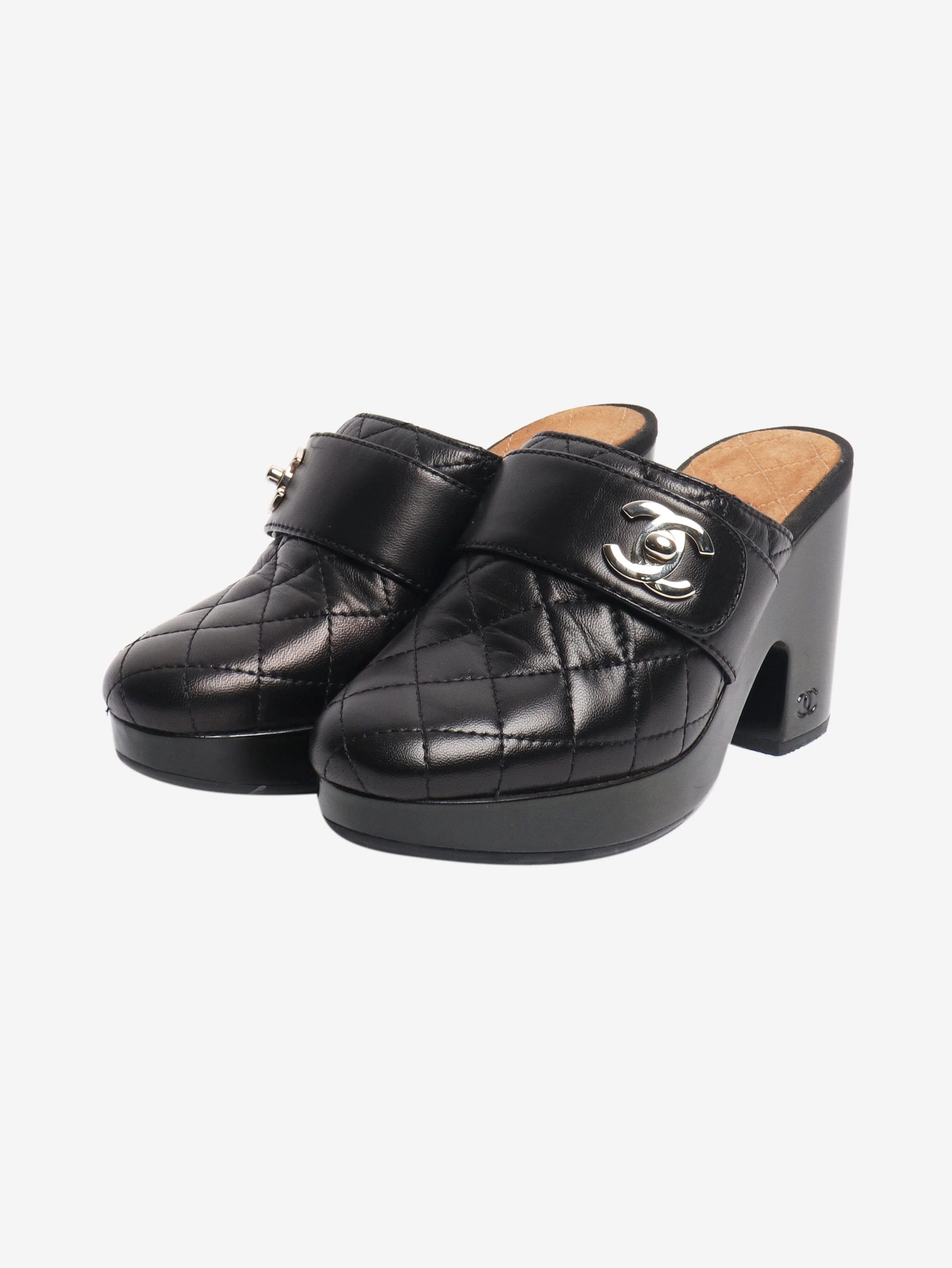 Black quilted leather wooden heels - size EU 35 (UK 2) - Image 2