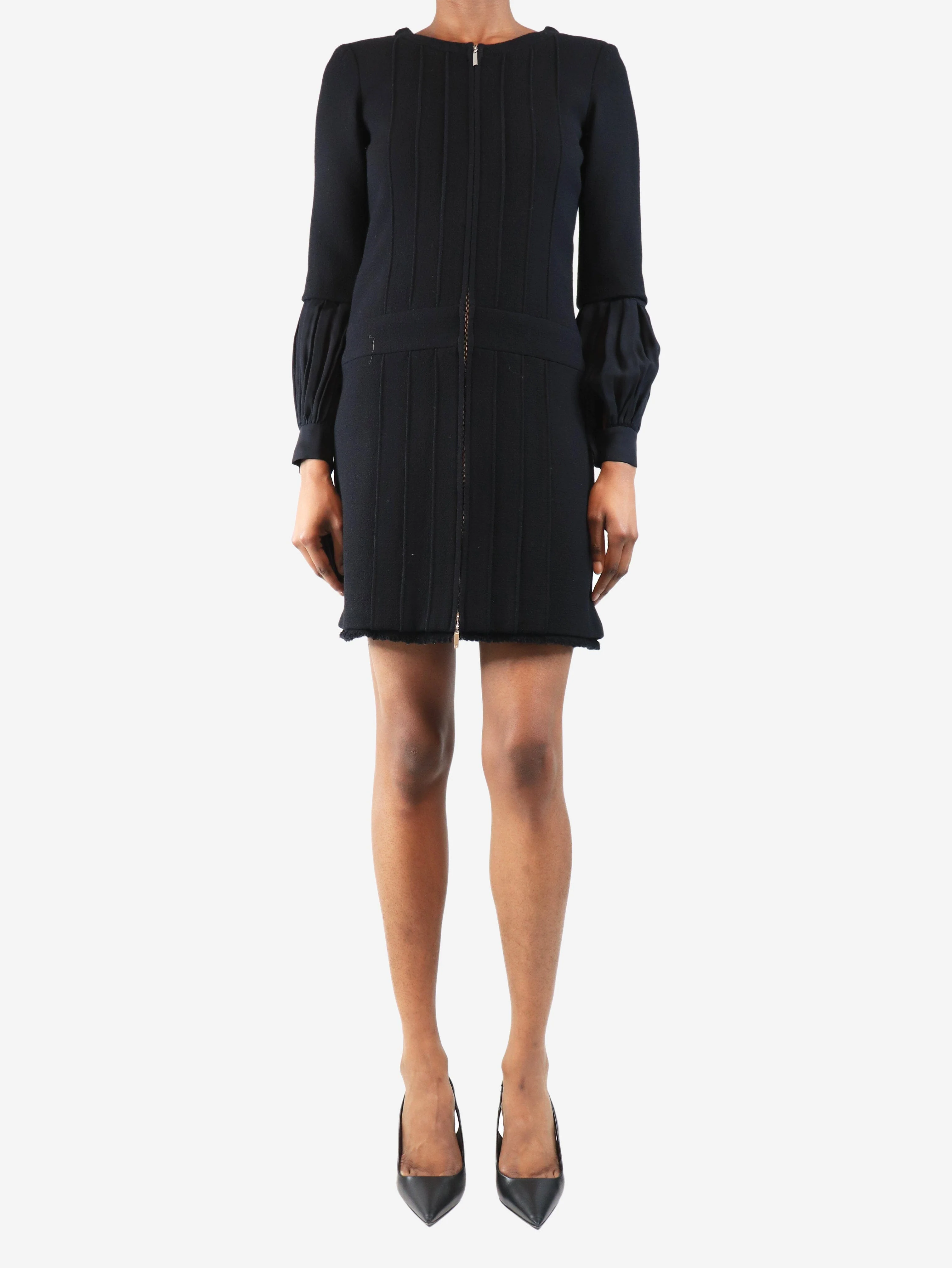 Black zip-front wool dress - size UK 6