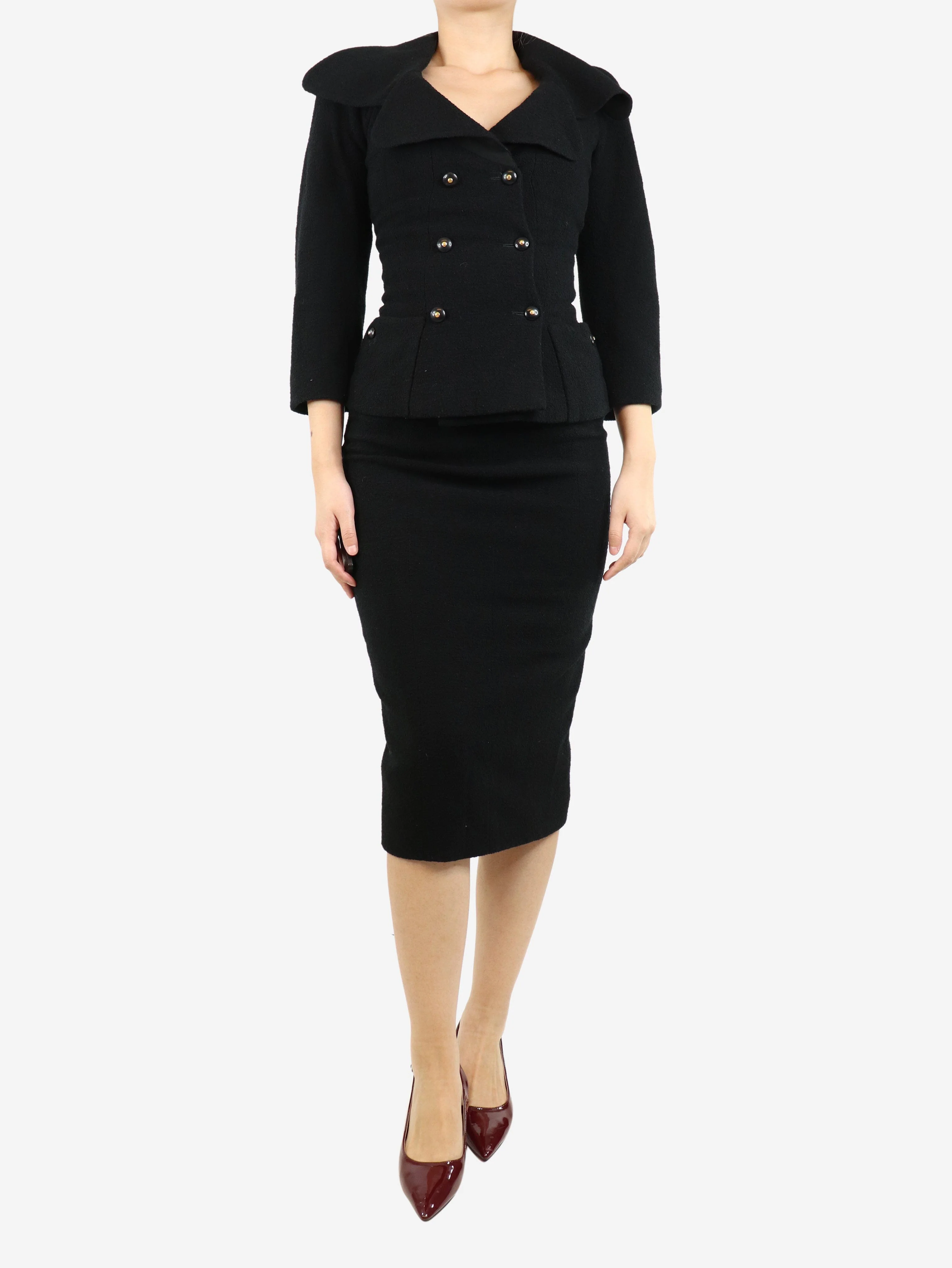 Black boucle jacket and midi skirt set - size UK 10