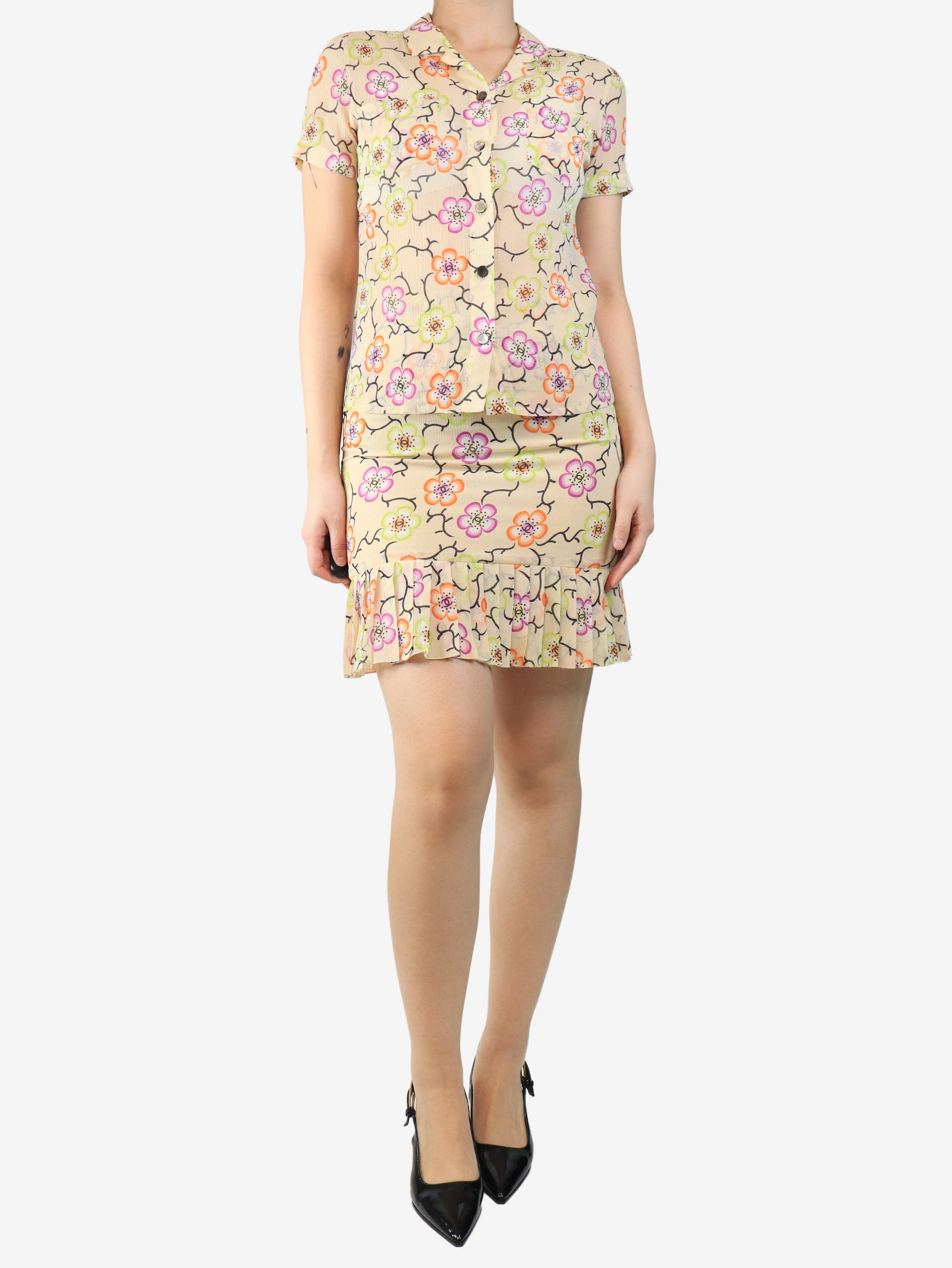 Cream silk chiffon floral shirt and skirt set - size UK 8 - Image 3